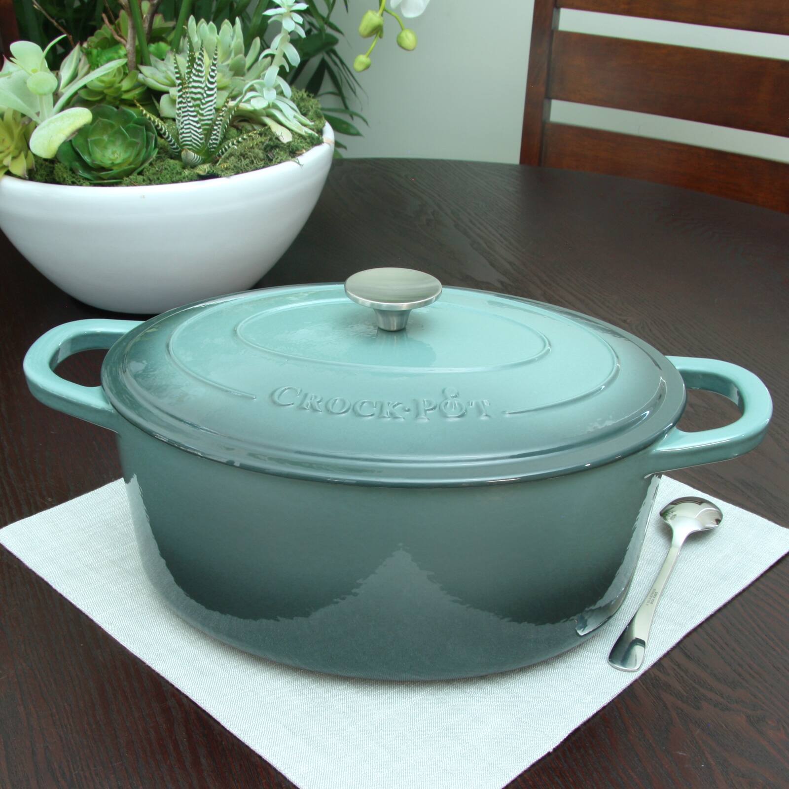 Alt View 2. Crockpot - Crock Pot Artisan 7 Quart Enameled Cast Iron Oval Dutch Oven in Slate Grey - Blue.