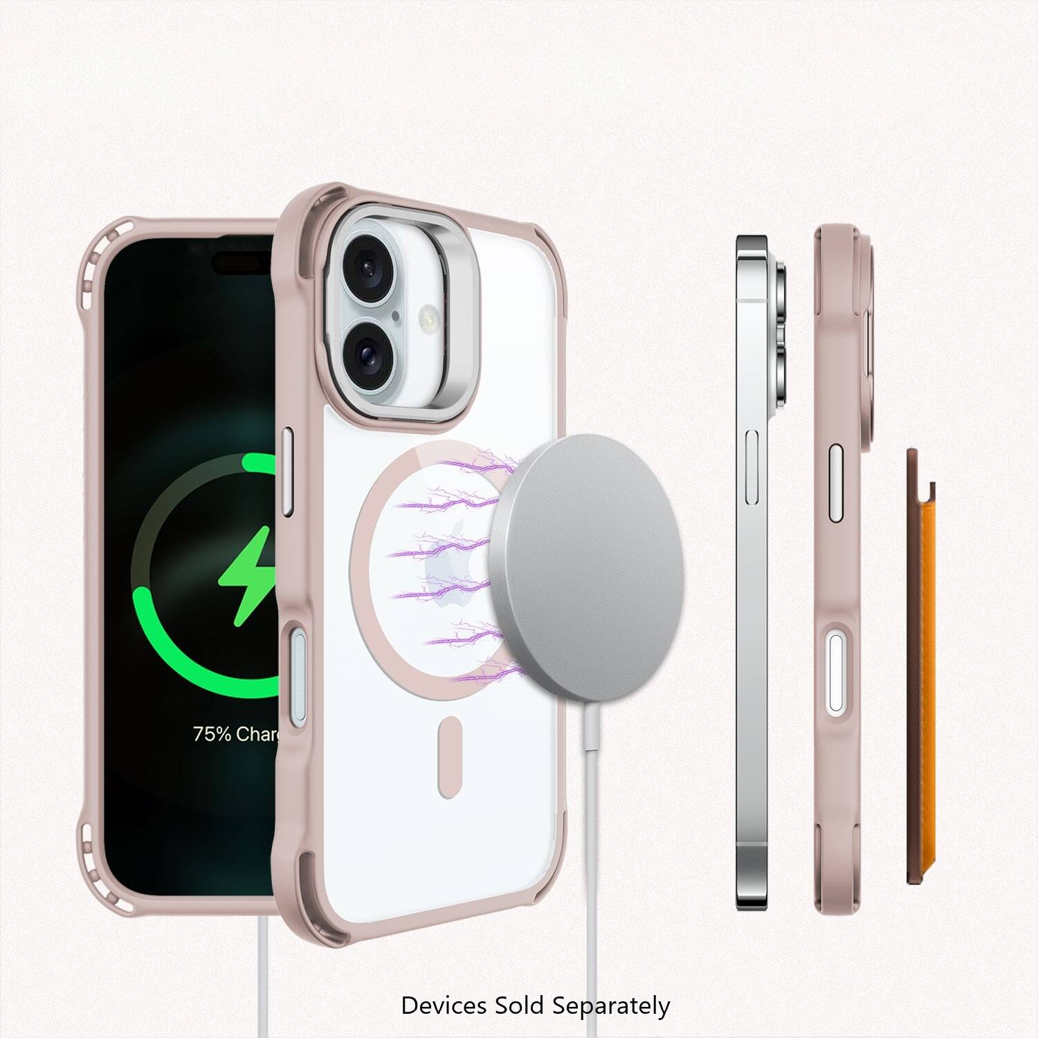 The image shows a pink and white iPhone case with a charger plugged into it. The case is designed to charge the phone wirelessly. The case is open, revealing the charger inside. The image also shows a separate charger and a phone, indicating that the devices are sold separately.