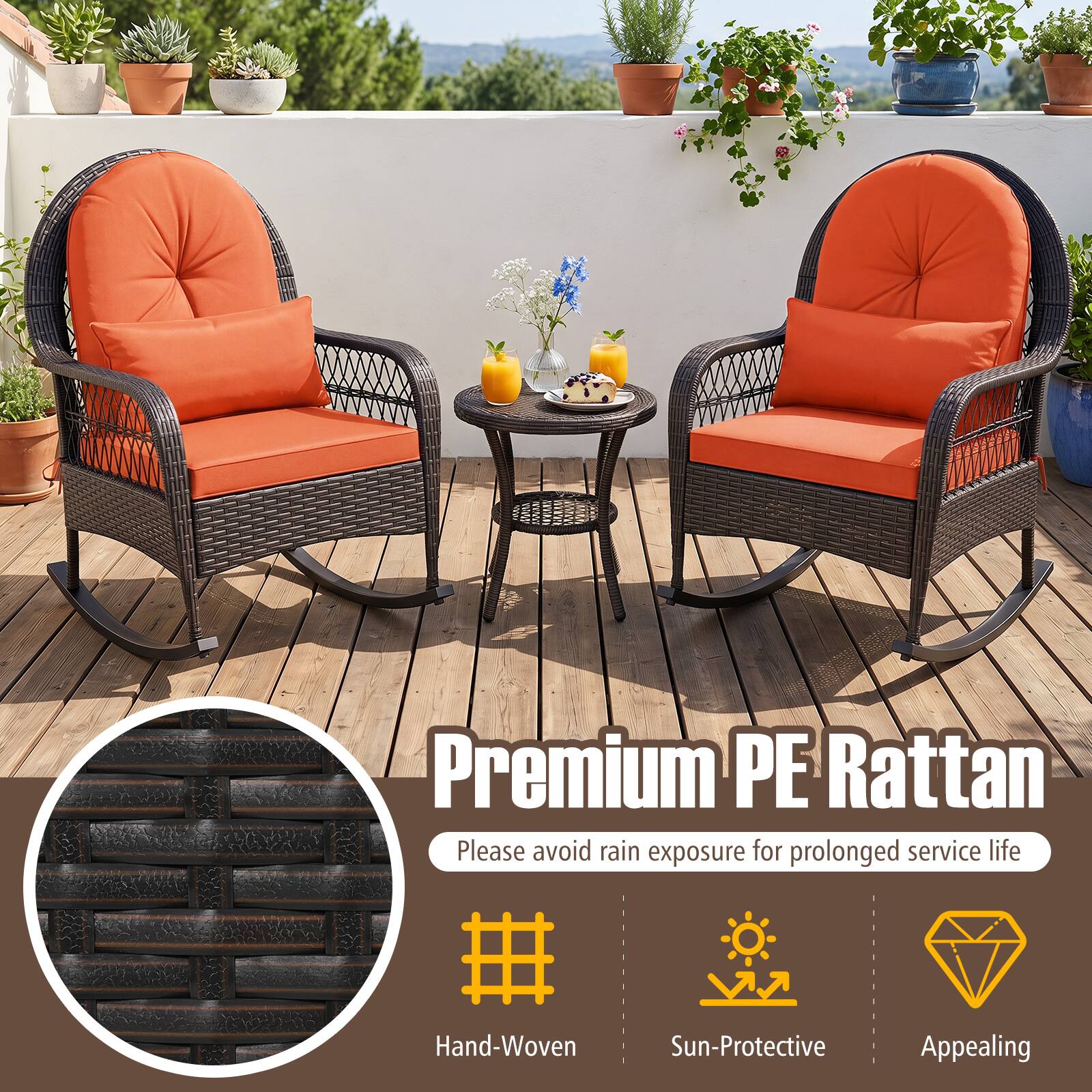 Premium PE Rattan  
Please avoid rain exposure for prolonged service life  

Hand-Woven  
Sun-Protective  
Appealing