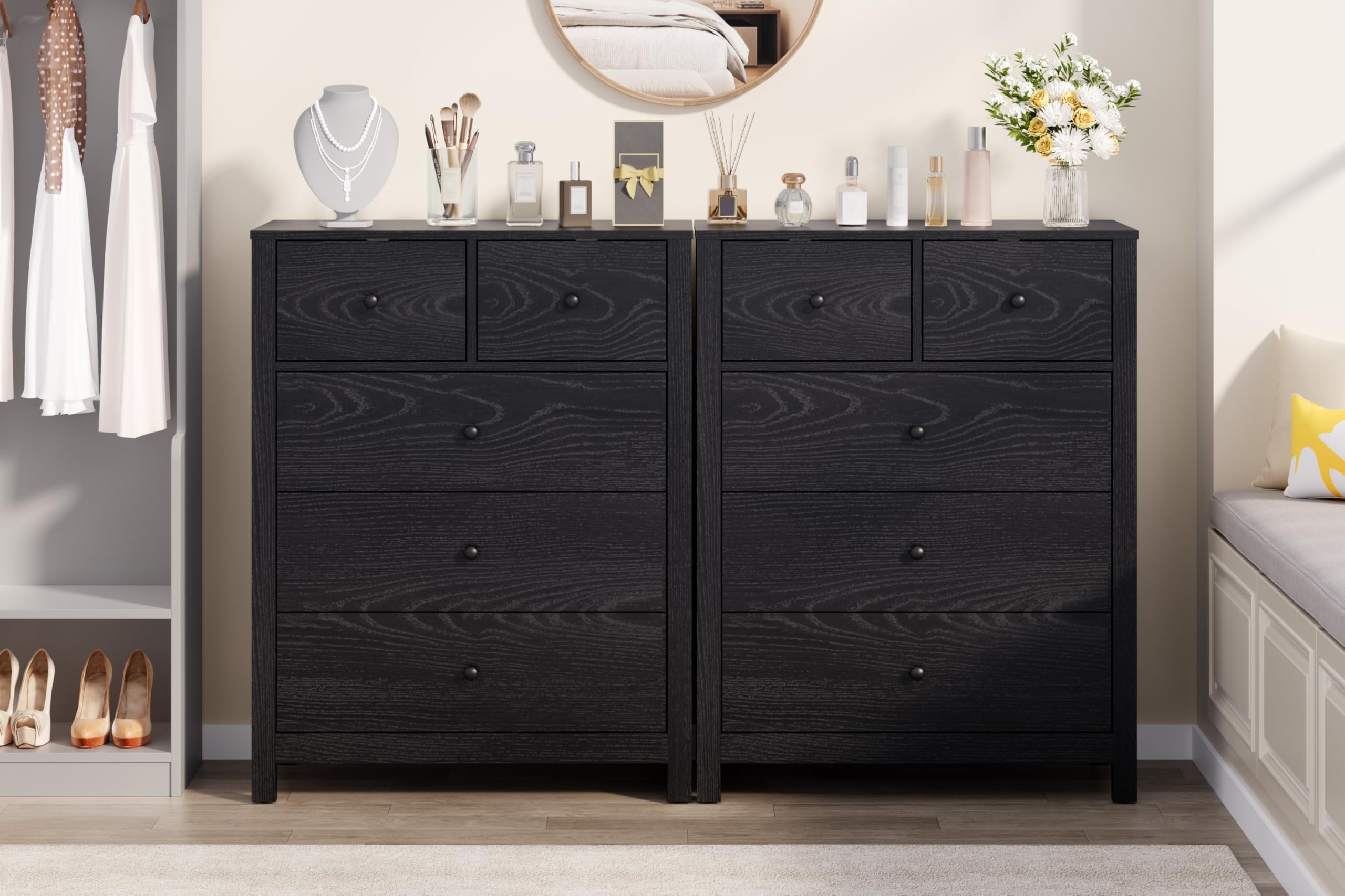 Front. GARVEE - Tall 5 Drawer Dresser, Modern Wood Chest with Deep Storage & Metal Knobs - Black.