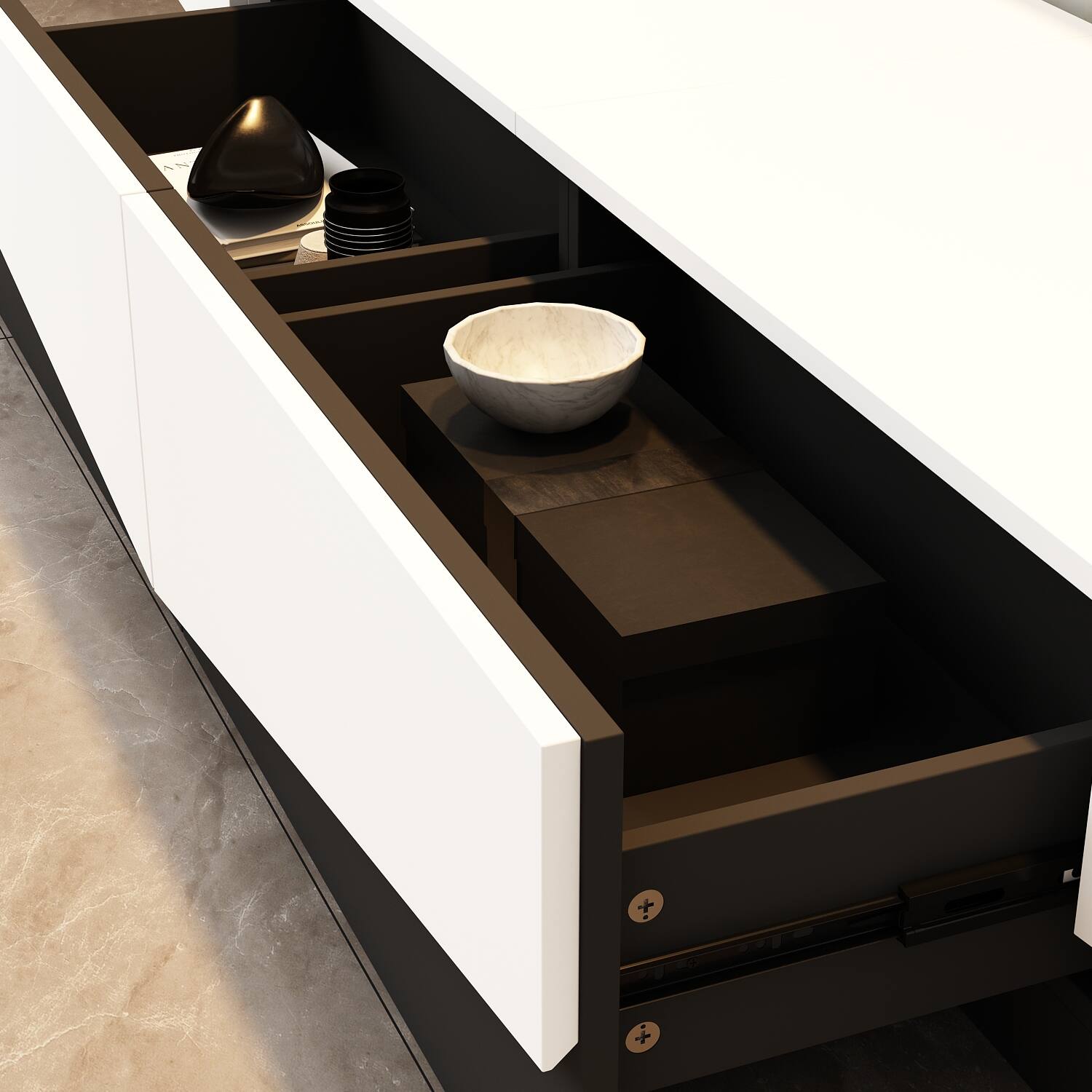 Alt View 9. Famapy - Modern Geometric TV Stand 75", Black & White Low Profile Media Console with Sliding Drawers for Living Room - White.