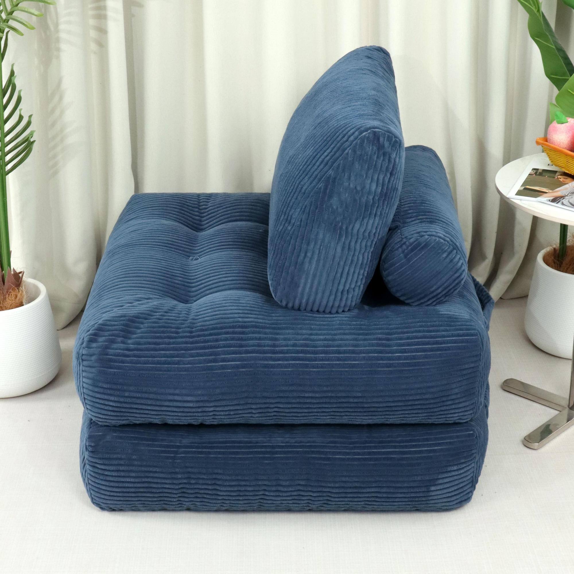 Back. GOODSILO - Corduroy Fabric Beanbag Couch for Living Room, Bedroom and Dorm, Cozy Fluffy Cloud Mini Couch - Blue.