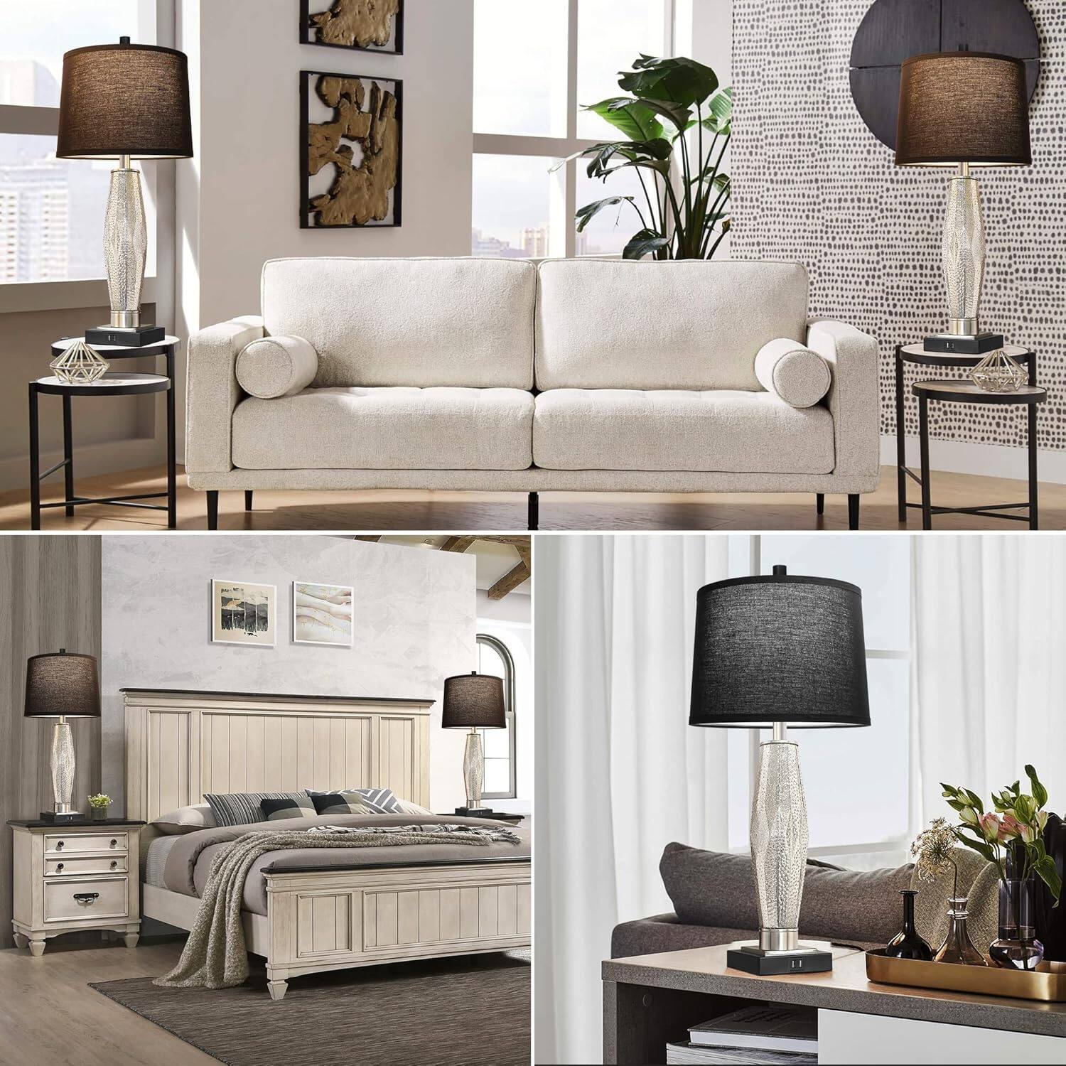 Alt View 2. Akoasm - Glass Bedside Lamps Table Lamps with USB A+C Charging Ports and Rotary Switches, Set of 2 (LED Bulbs Included).