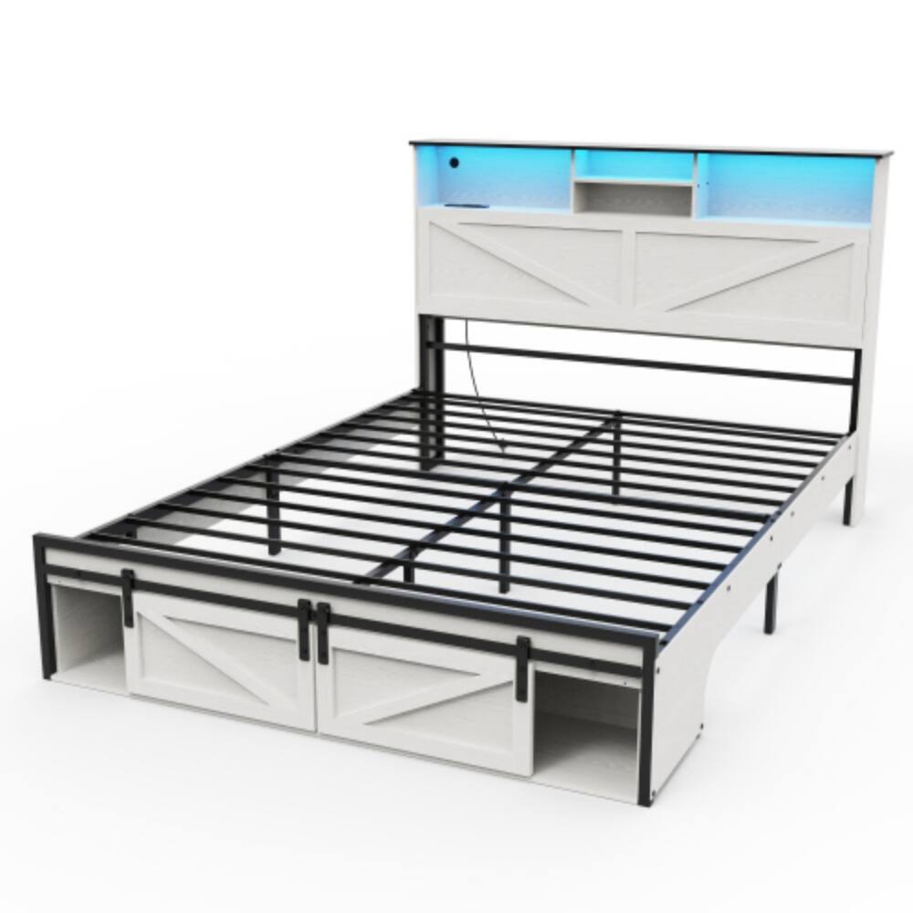 Alt View 3. LUCKY ONE - Queen Size Farmhouse Bed Frame with Storage Headboard, USB Charging Station, LED Lights, Wooden Slats - White.