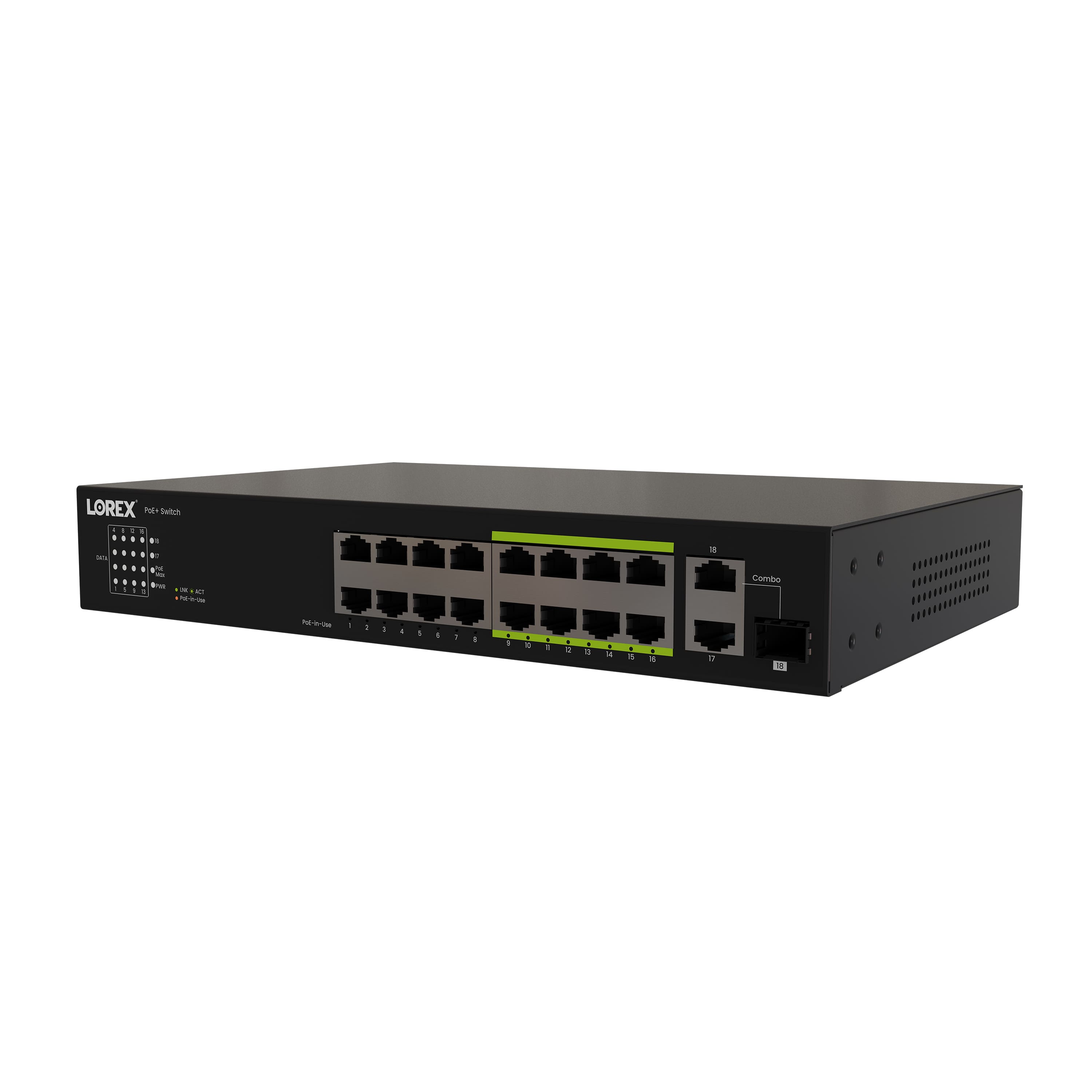 Lorex - 16-Port Unmanaged Switch (8-port ePoE and 8-port PoE+) 10/100/1000Mbps and 250W Power Budget - Black - Front_Zoom