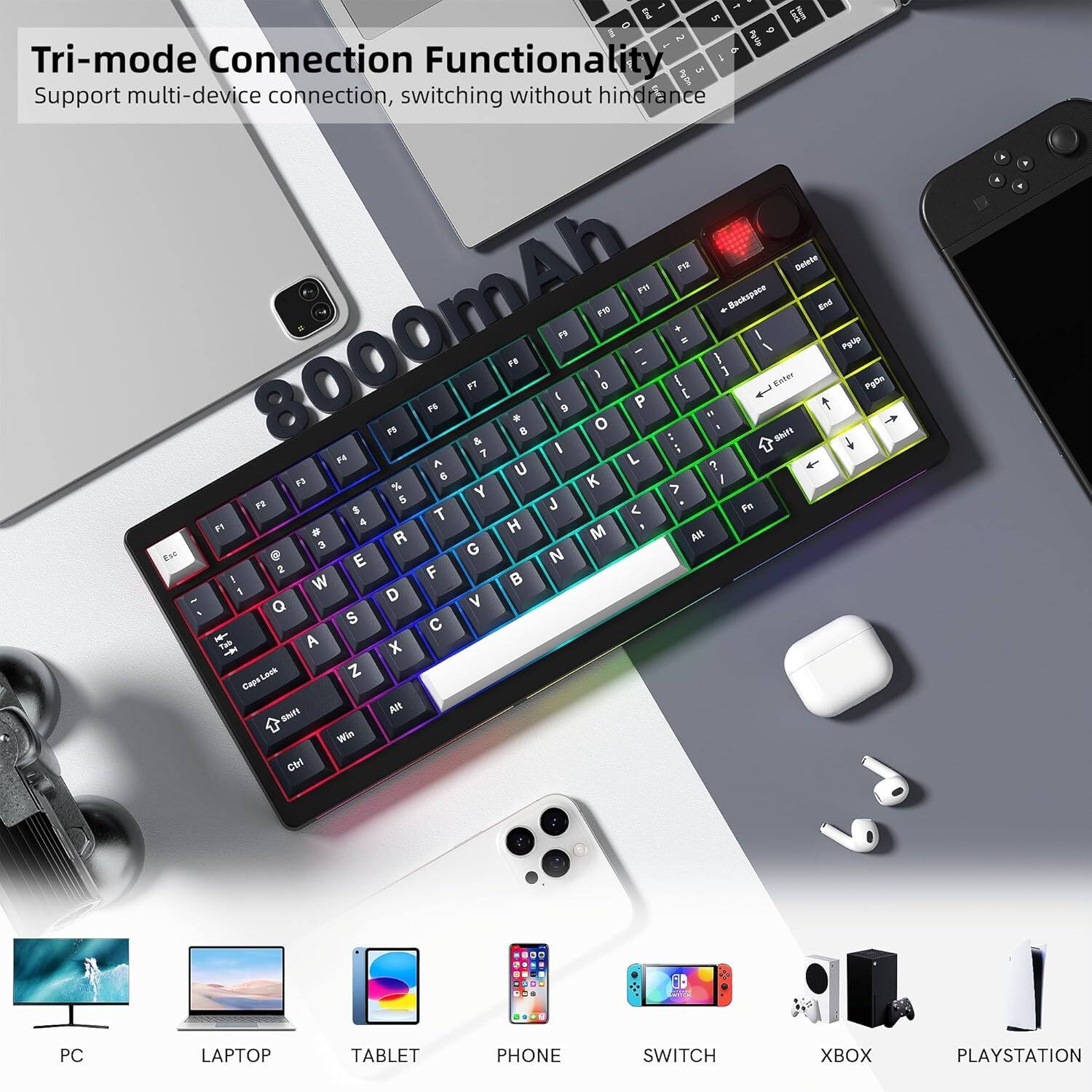 Tri-mode Connection Functionality  
Support multi-device connection, switching without hindrance  

PC LAPTOP TABLET PHONE SWITCH XBOX PLAYSTATION
