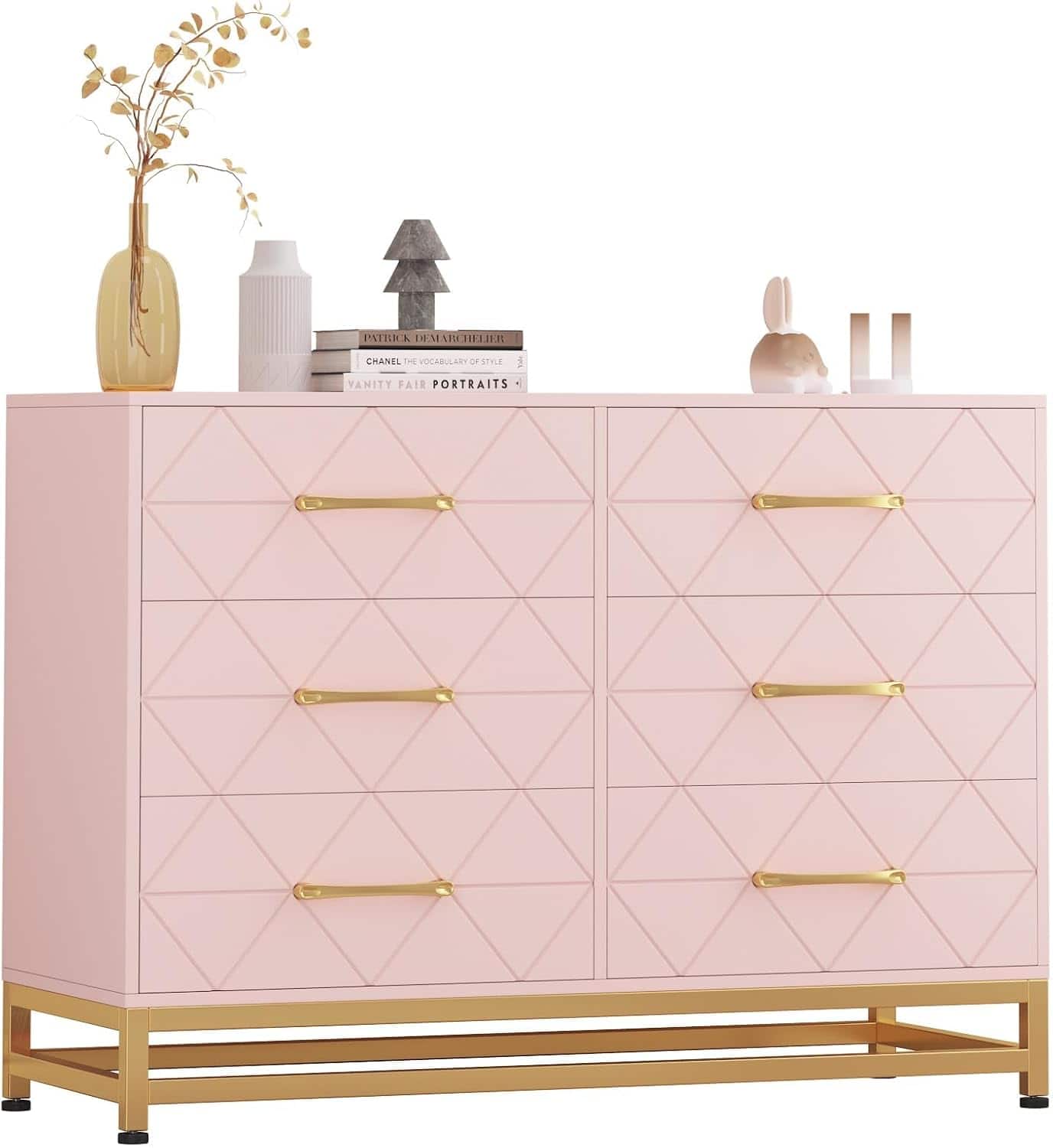 Acekool - 6-Drawer Wooden TV Stand for Bedroom,Entertainment Center with Modern Storage Chest - Pink