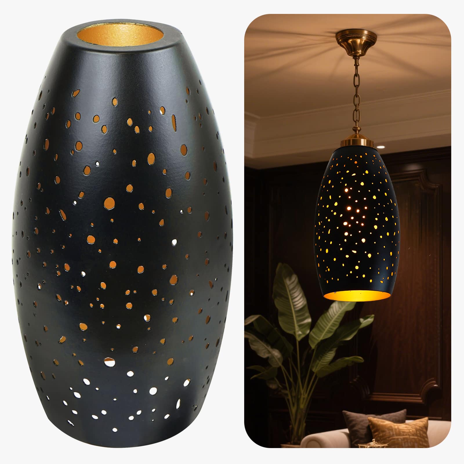 Alucset - Metal Oval Pendant Light Shade Replacement with 1-5/8" Fitter Etched Hollow Design for Chandelier Wall Lamp - Black Gold - Black & Gold