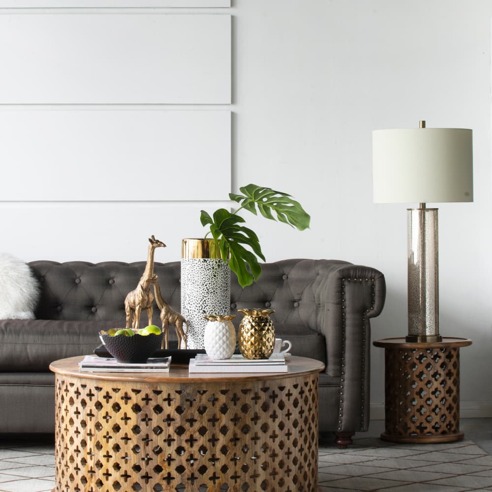 Back. Luckbyte - 16x16x35 Inch Gold Mirrored Glass Table Lamp With White Fabric Shade.