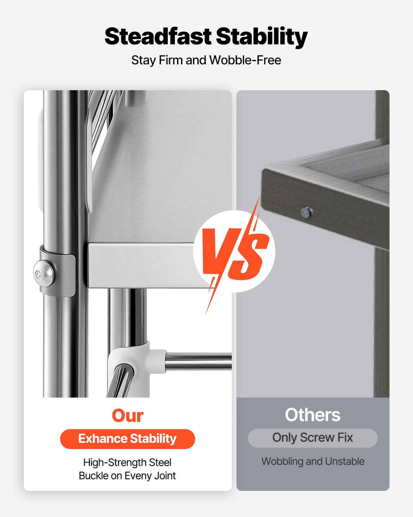 Steadfast Stability  
Stay Firm and Wobble-Free  

VS  

Our  
Exhance Stability  
High-Strength Steel Buckle on Every Joint  

Others  
Only Screw Fix  
Wobbling and Unstable