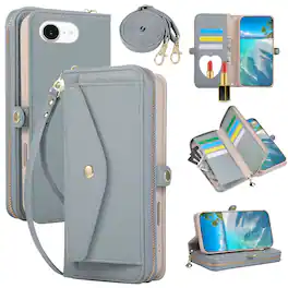Dteck - Leather Wallet Phone Case for Apple iPhone 17e with Crossbody Strap, Shockproof Zipper Pocket Mirror Stand Cover - Blue