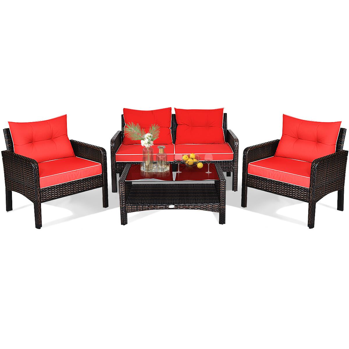 Alt View 1. Gymax - Gymax 4PCS Rattan Patio Conversation Set Red Cushioned Outdoor Furniture Set - Red.