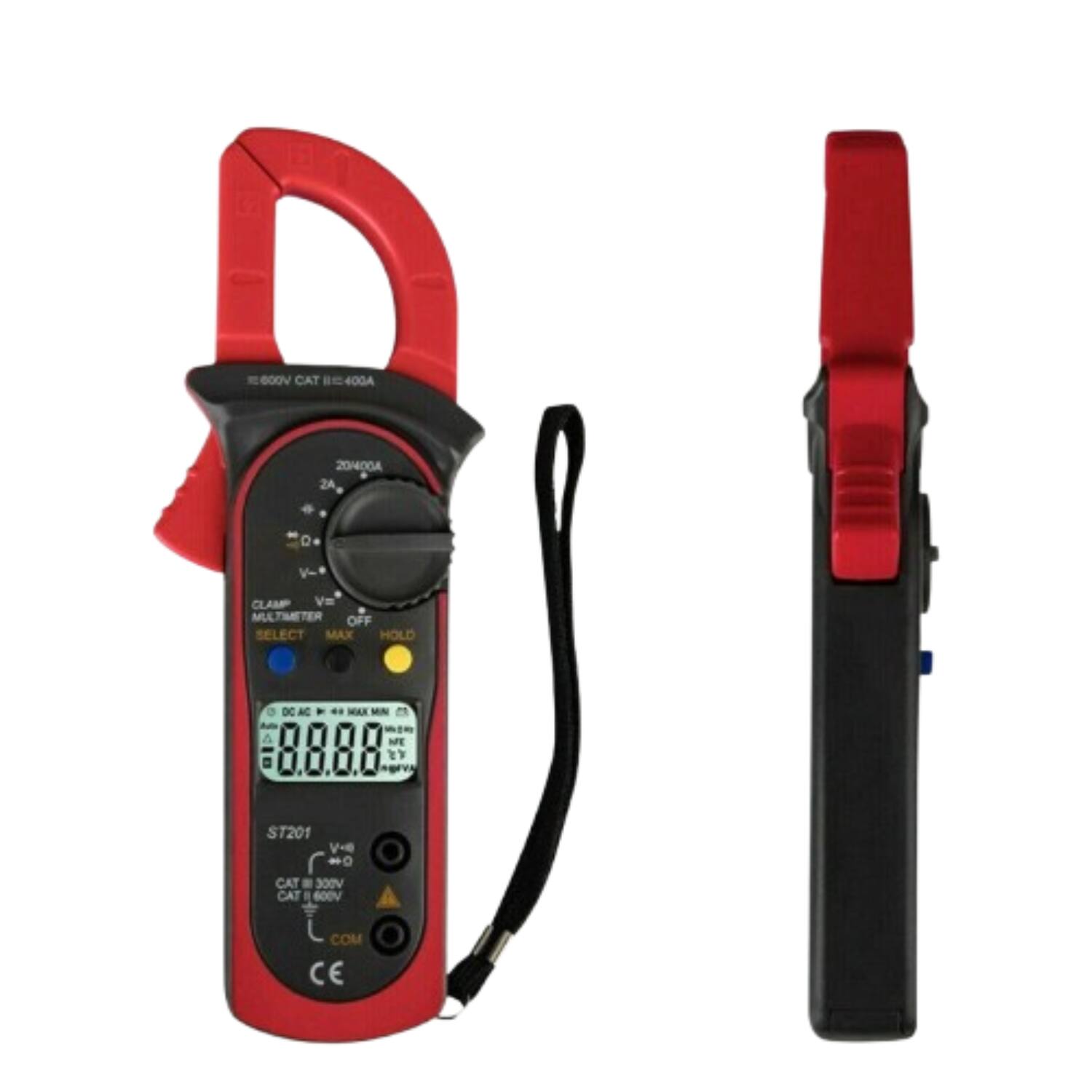 600V CAT III 400A  
20/400A 2A  
CLAMP V=  
MULTIMETER OFF SELECT MAX HOLD DC NC  
ST201  
CAT III 300V CAT III 600V  
COM