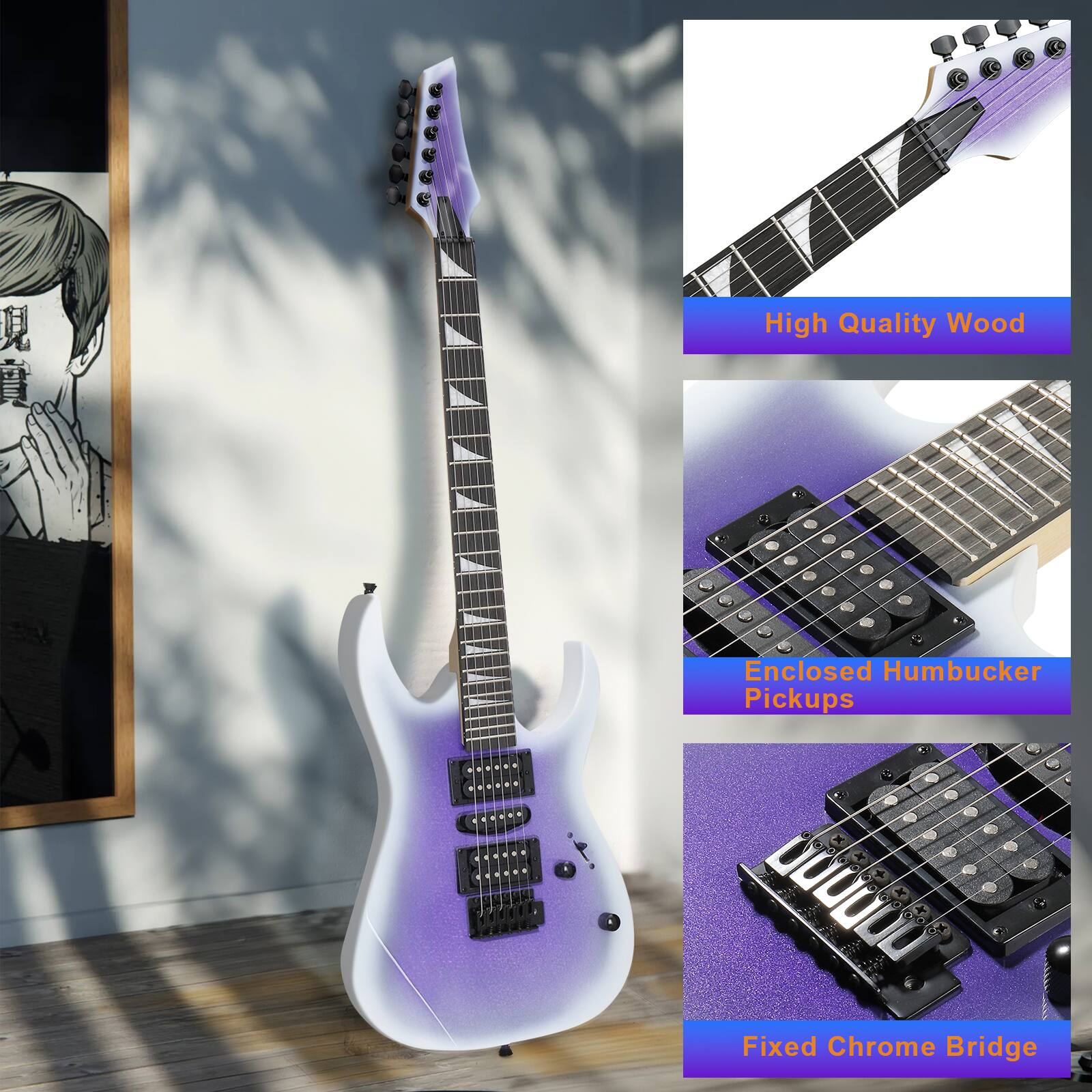 - High Quality Wood
- Enclosed Humbucker Pickups
- Fixed Chrome Bridge