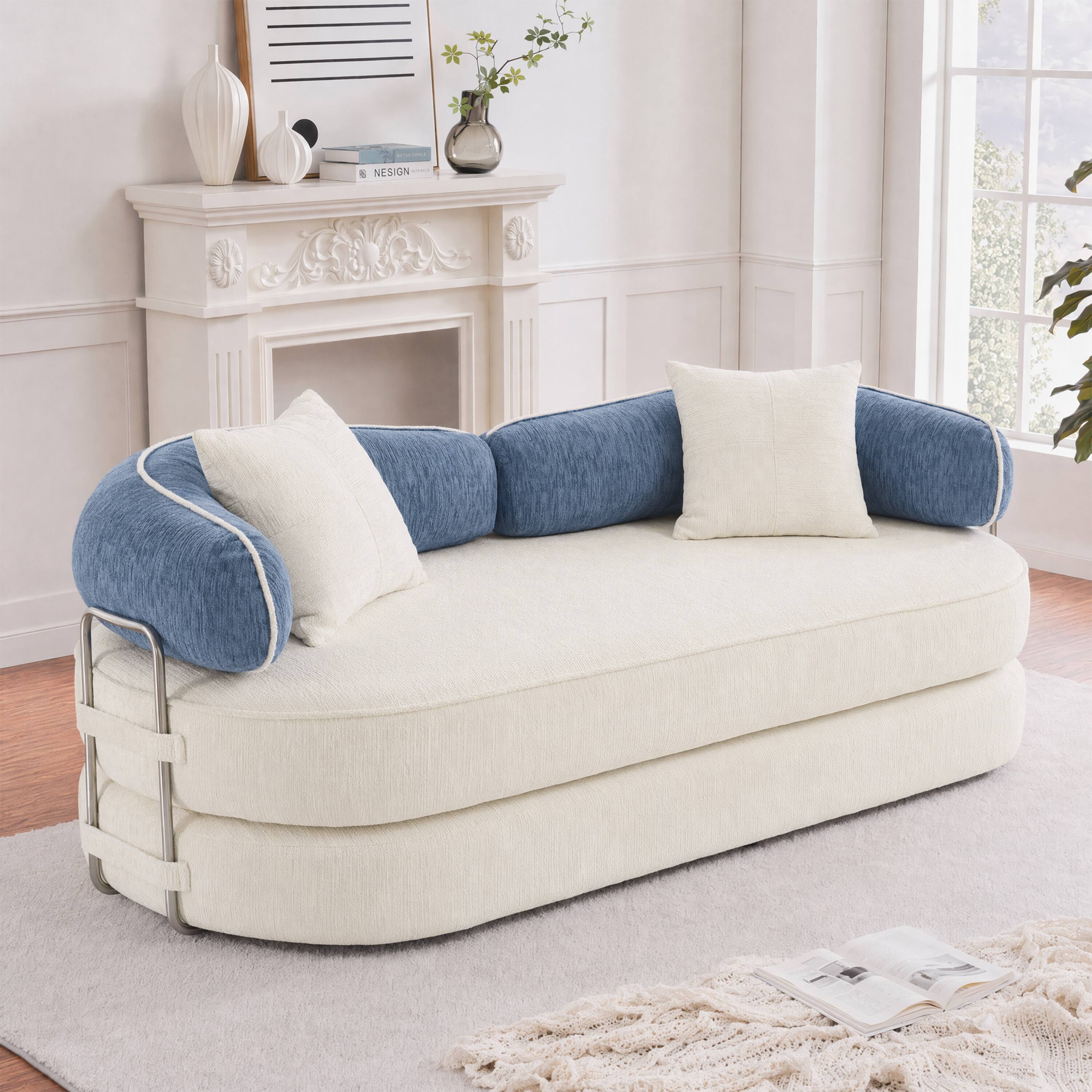 Angle. Vipbear - Curved Loveseat with 4 Pillows, Modern Boneless Couch, Convertible Sleeper Sofa Bed - white/blue.