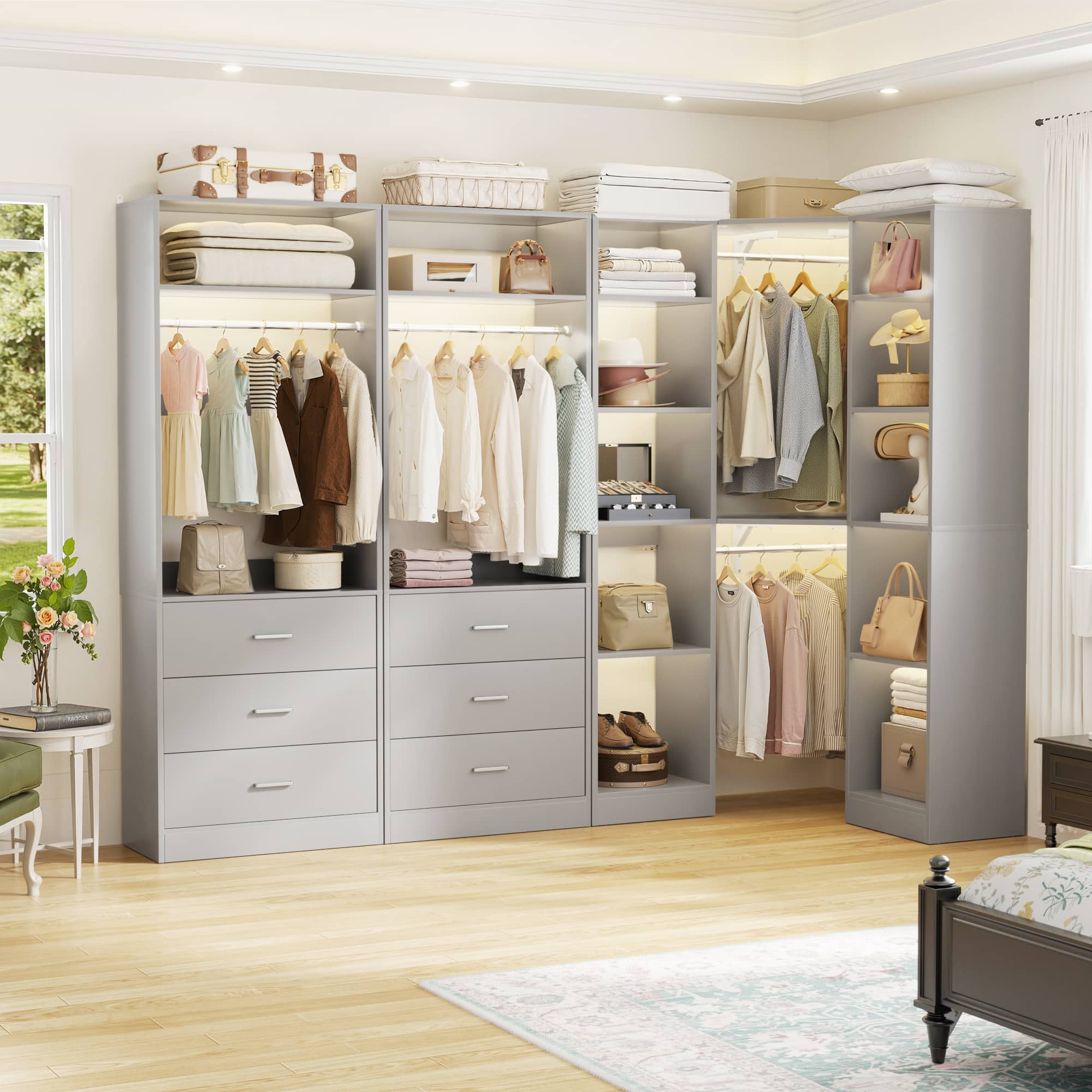 "Aheaplus - Reversible L Shaped Corner Walk-in Closet System - 6 Drawers, 20+ Shelves, 4 Hanging Rods, 2500+LBS Load,63.2""L-87.2""L - Gray" price history on PriceWatchPro