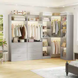 Aheaplus - Reversible L Shaped Corner Walk-in Closet System - 6 Drawers, 20+ Shelves, 4 Hanging Rods, 2500+LBS Load,63.2"L-87.2"L - Gray