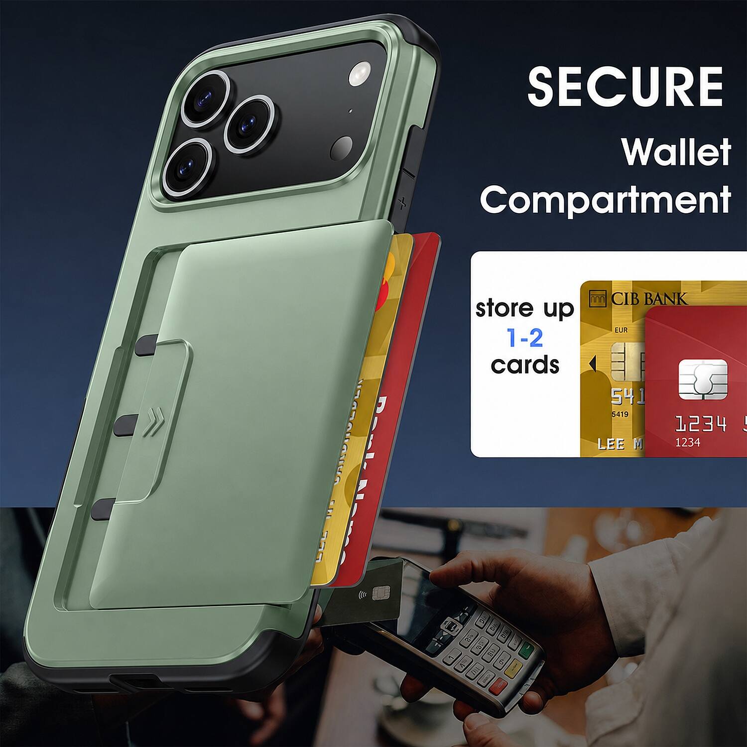 SECURE Wallet Compartment

store up 1-2 cards

CIB BANK EUR 541 5419 1234 ! LEE M 1234