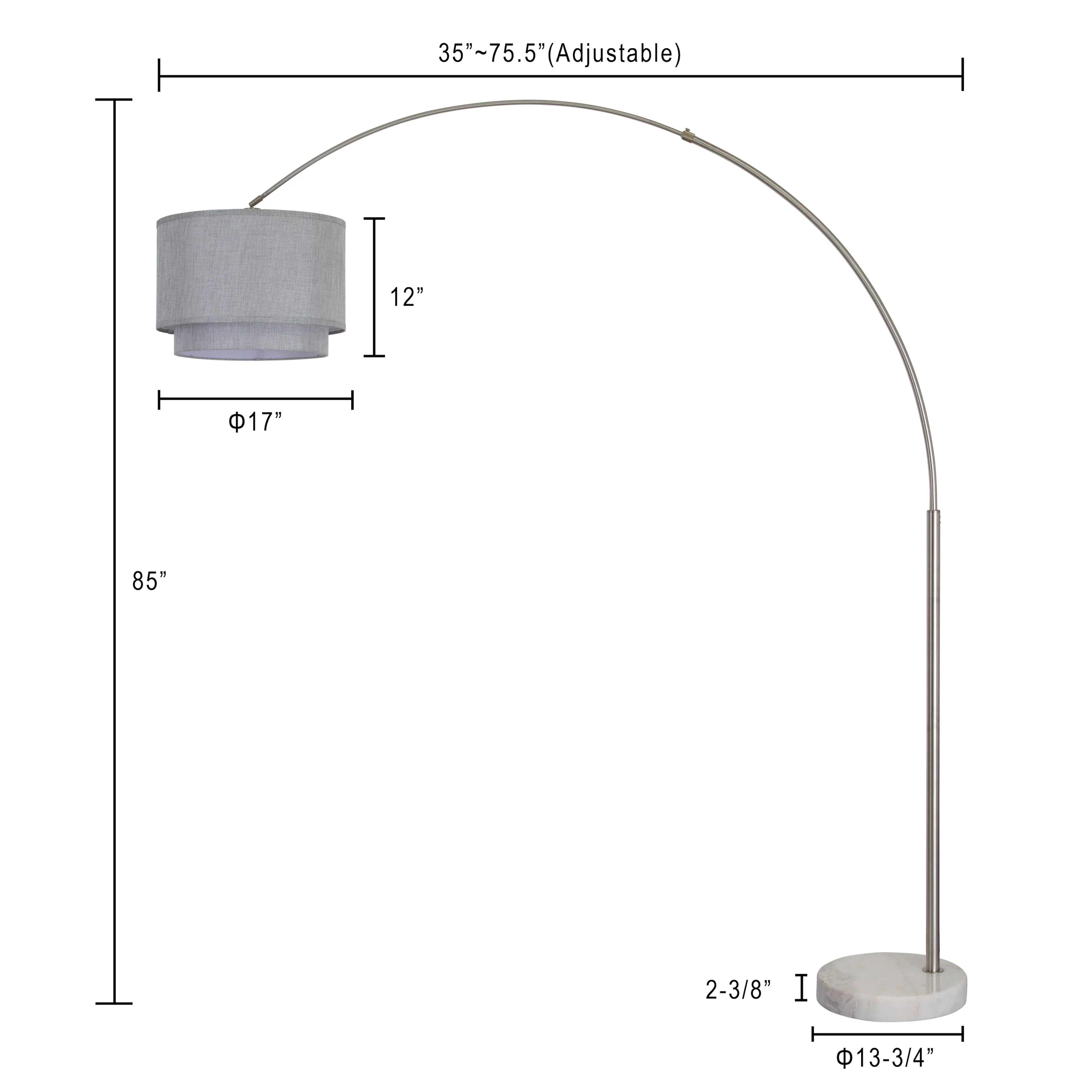 35"~75.5" (Adjustable)  
17"  
12"  
85"  
2-3/8"  
13-3/4"