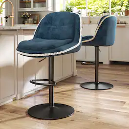 KERDOM - Swivel Bar Chairs Set of 2, Height Adjustable Counter Stools with Footrest, Linen Upholstered Barstools Counter Height - Navy Blue