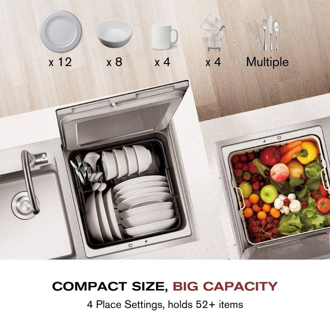 The image features a compact size, big capacity dishwasher with four place settings and the ability to hold 52+ items. The dishwasher is shown with its door open, revealing the interior which is filled with various dishes and utensils.