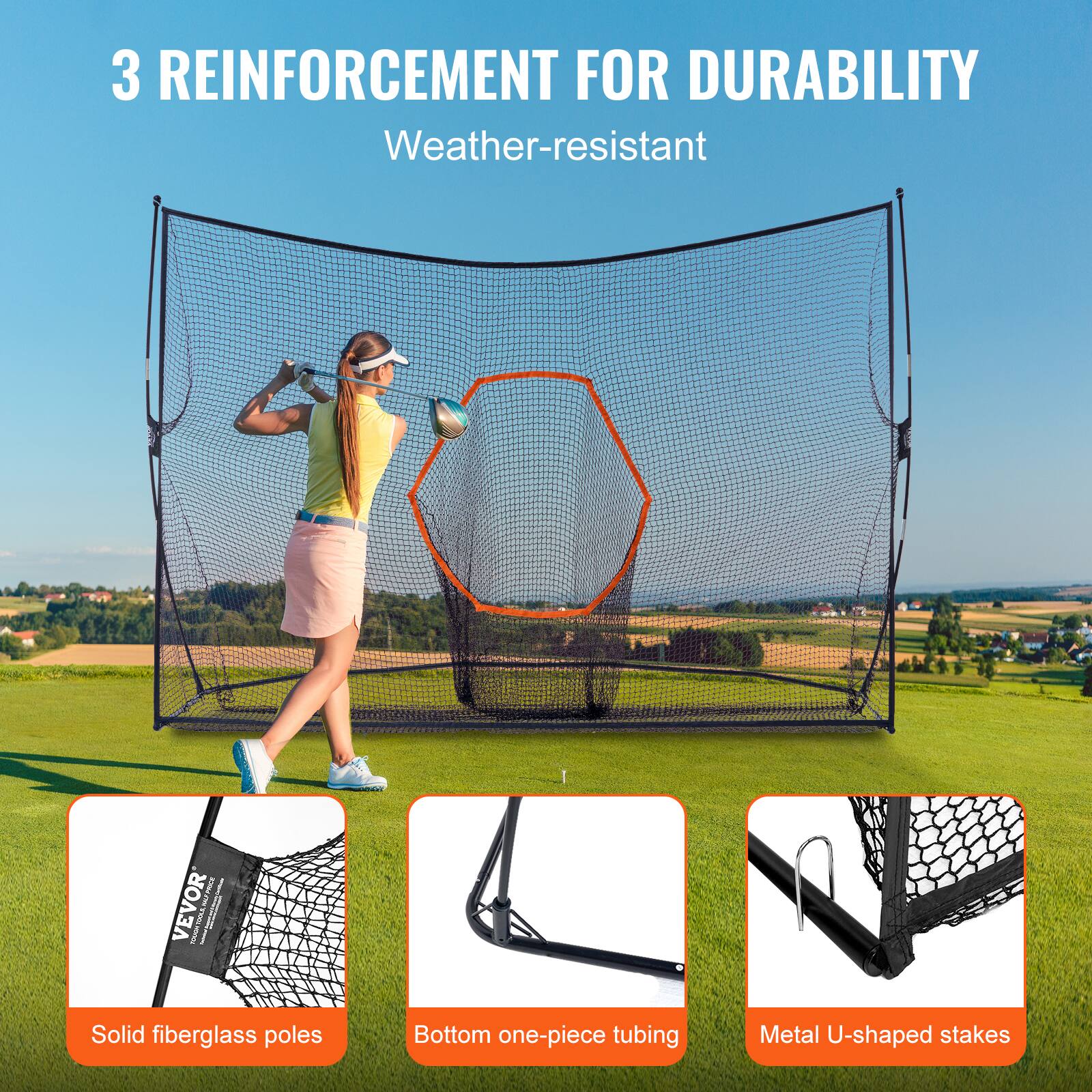 3 REINFORCEMENT FOR DURABILITY  
Weather-resistant  

- Solid fiberglass poles  
- Bottom one-piece tubing  
- Metal U-shaped stakes