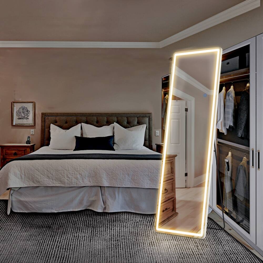 Left. Lirago - 64"x21" Dimmable LED Full Length Mirror, 3 Color Lighting Vanity Mirror  Floor Mirror with Stand - White.