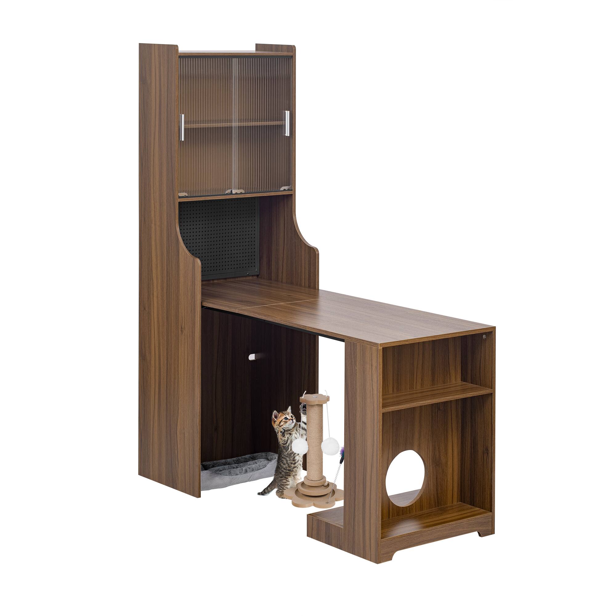Alt View 6. Forest'nSky - Pet-Friendly Extendable Desk with Hutch, Storage & Free Cat Bed - Home Office & Gaming - Walnut.