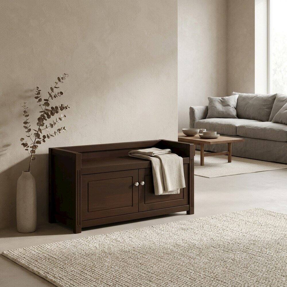 Alt View 2. FurniFact - Solid Wood Entryway Bench with Lift-Top Storage for Shoe Rack - Walnut.