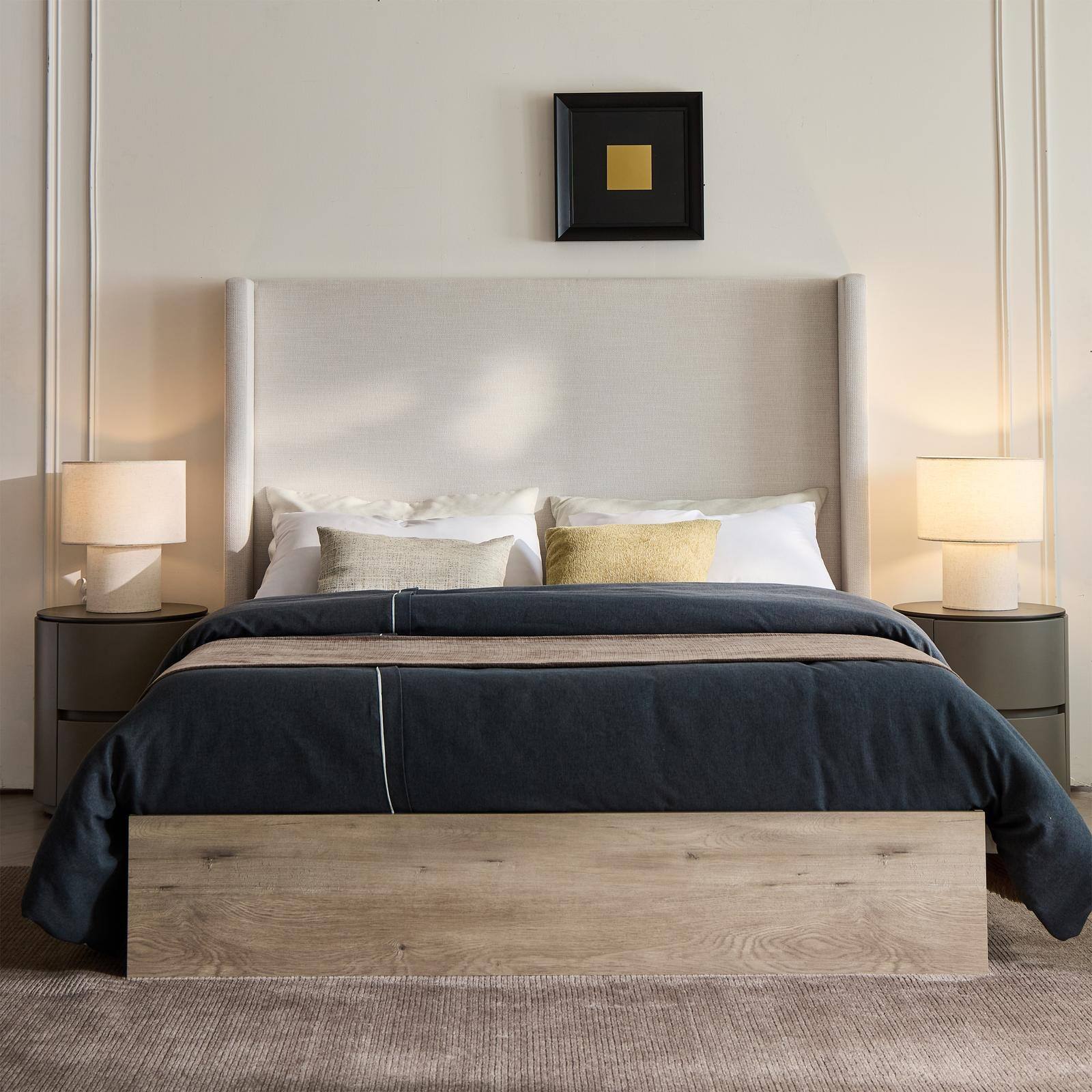 Back. Spaco - Spaco Queen Size Bed, Upholstered Wingback Bed, 54 Inch Headboard, Ivory Chenille, Modern Farmhouse Design for Bedroom - Grey+Oak.