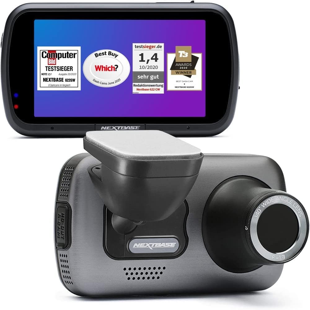 Computer Bild TESTSIEGER NOTE 2.1  
Ausgabe 20/2020  
NEXTBASE 622GW  
#1 Dashcam in der Kategorie  

Best Buy  
Dash Cams June 2021  

testsieger.de  
1,4  
10/2020  
sehr gut  

Which?  
Redaktionswertung  
NEXTBASE 622GW  

T3 AWARDS 2020  
WINNER  
BEST DASH CAM  
NEXTBASE 622GW  

NEXTBASE 622GW  
140° WIDE ANGLE LENS  
F=1.3