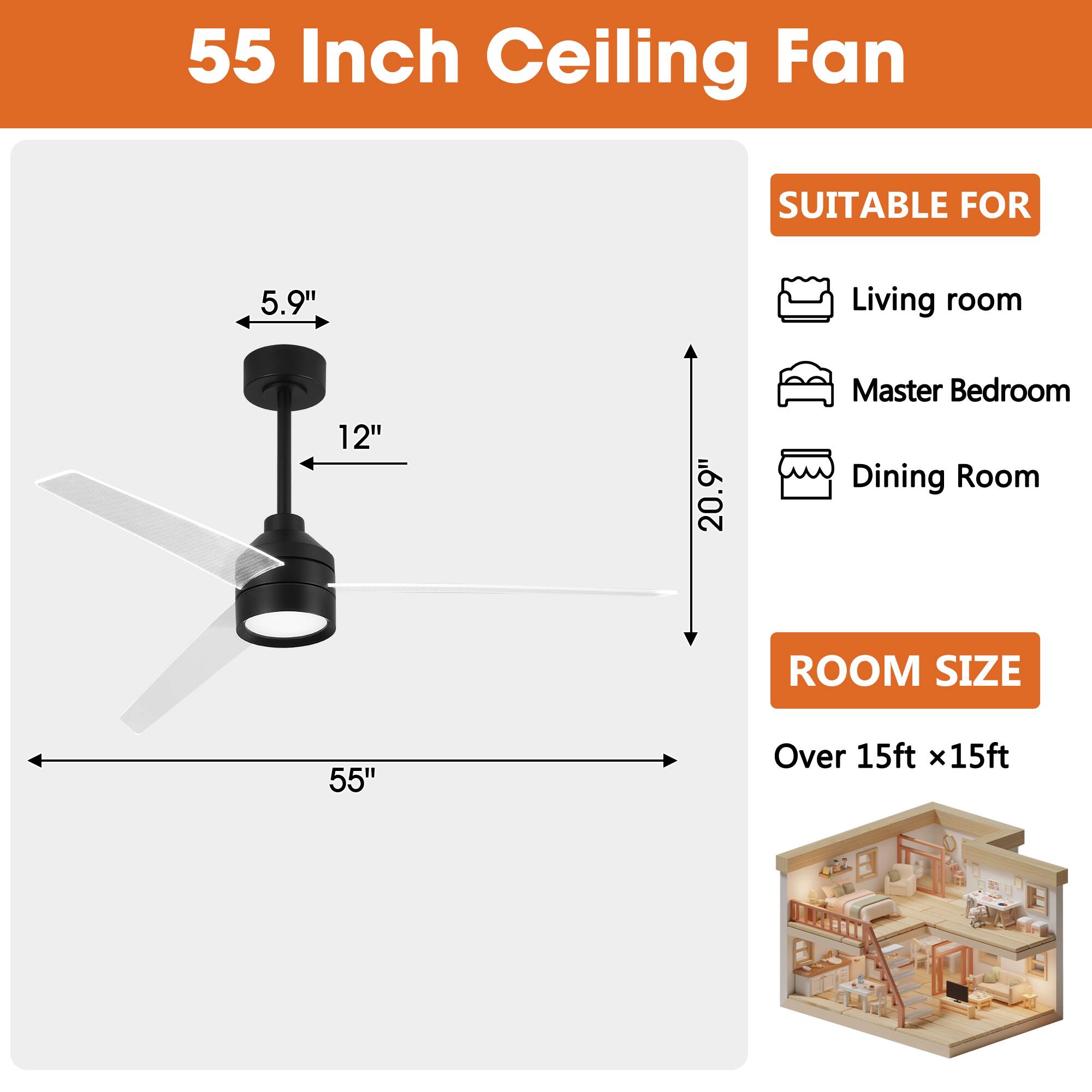 55 Inch Ceiling Fan

SUITABLE FOR
- Living room
- Master Bedroom
- Dining Room

ROOM SIZE
Over 15ft x 15ft
