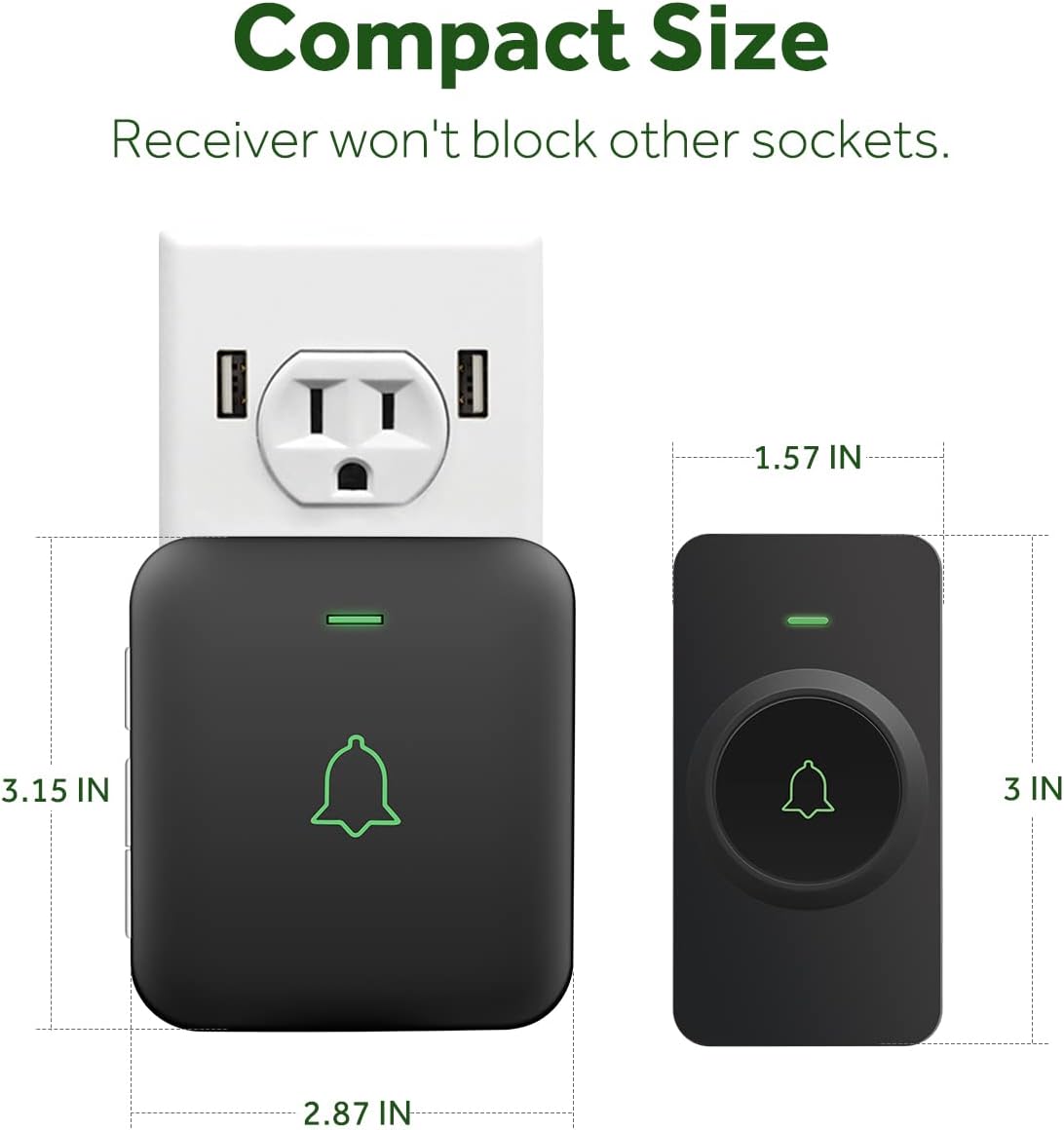 Compact Size  
Receiver won't block other sockets.  

1.57 IN  
3.15 IN  
2.87 IN  
3 IN