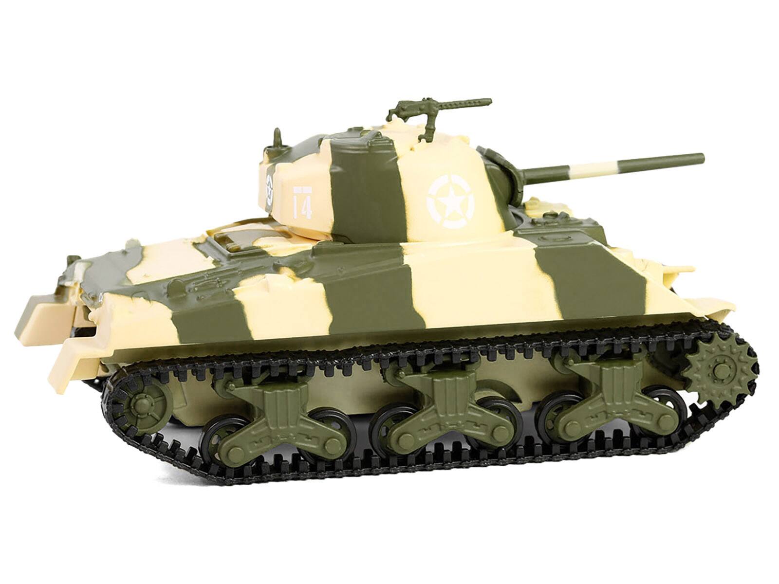 Left. Greenlight - 1944 M4 Sherman Tank "US Army 756th Tank Battalion 5th Army C Company Cassino Italy" Camouflage "Battalion 64" 1/64 - Green.