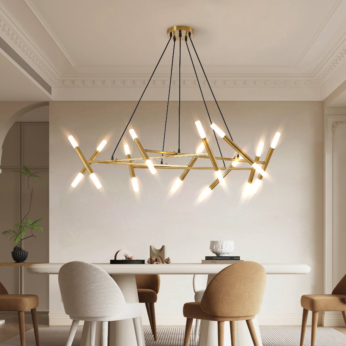 Left. Loheer - Loheer Modern Gold Branch Chandelier with Frosted Tubes for Dining Room or Kitchen Island.