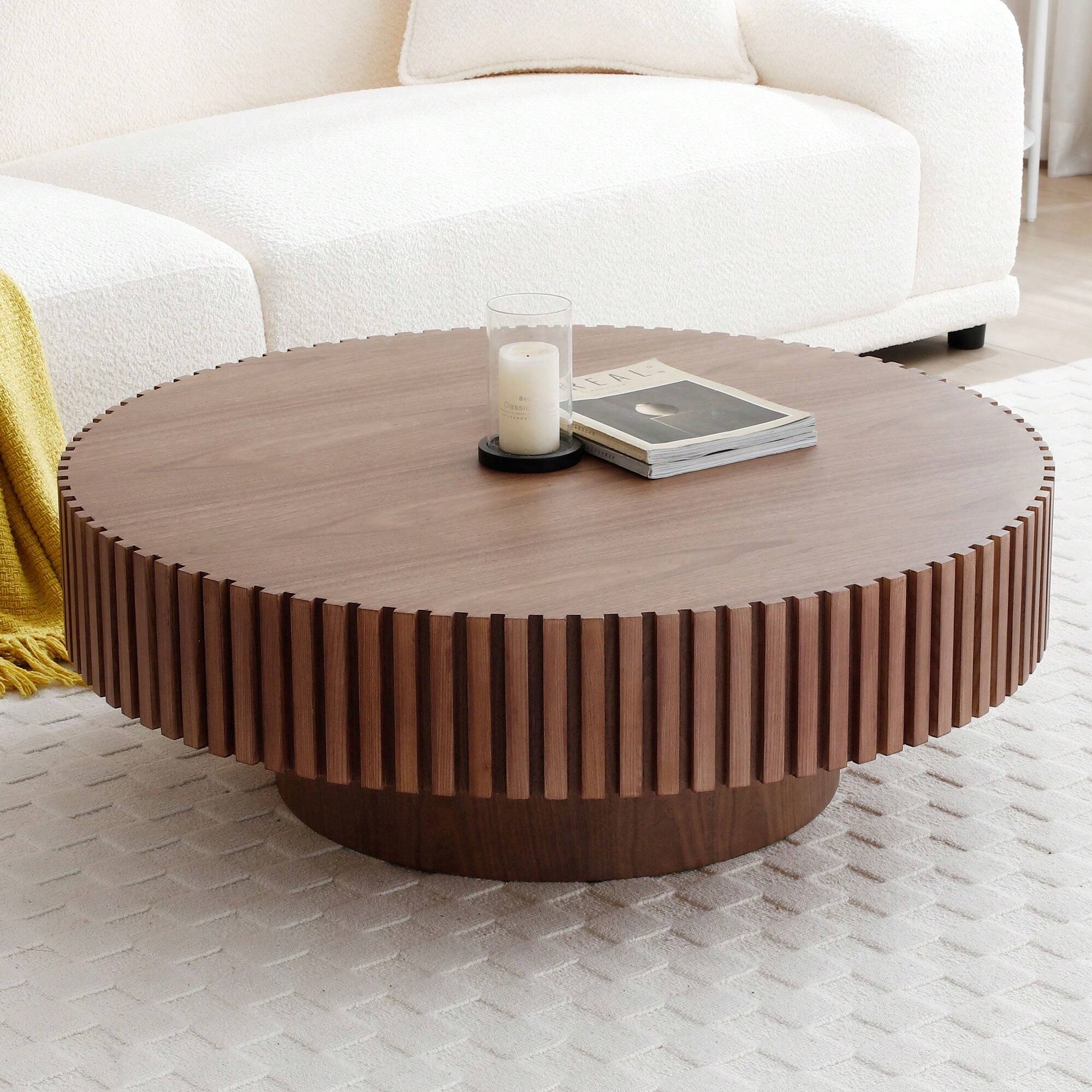 Back. Trinkets Crazed - 31.49" Round Coffee Table Wood, Circle Coffee Table,Drum Fluted Coffee Accent End Side Center Table - Walnut.