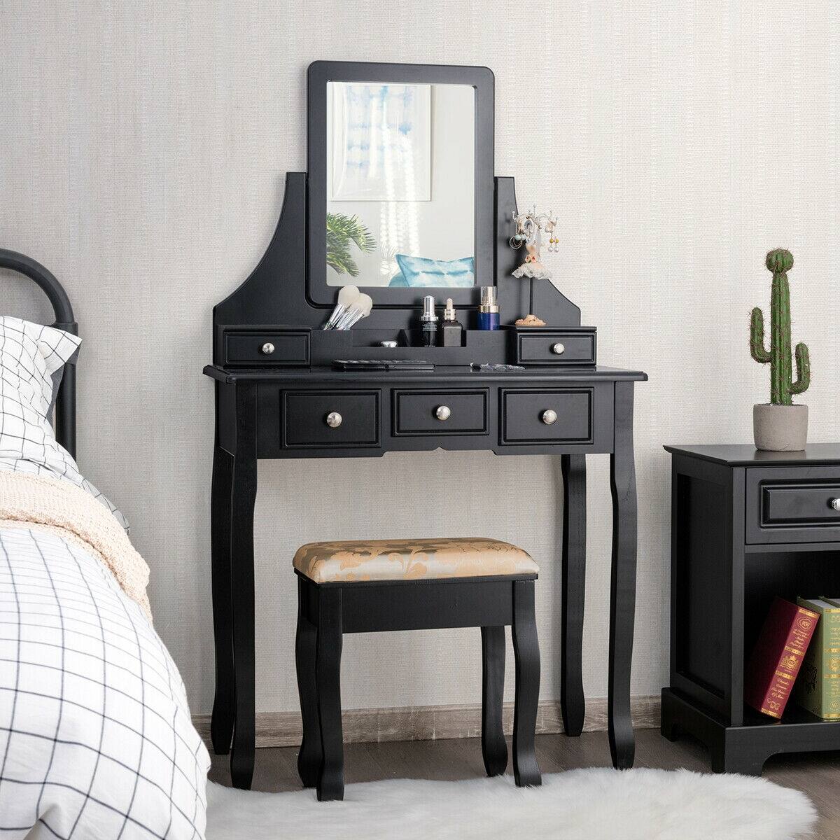 Alt View 1. Ecooso - Makeup Vanity Table Set with Full Mirror and Padded Stool for Elegant Bedroom Setup - Black.