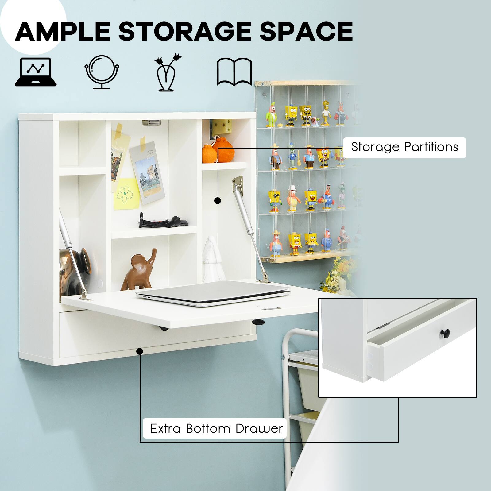 Ample Storage Space: This image showcases a storage area with a variety of items, including books, toys, and a laptop. The storage space is designed to maximize the available area, making it an efficient solution for organizing and storing belongings.

Storage Partitions: The storage area is divided into separate sections, which helps to keep items organized and easily accessible. This design allows for better organization and makes it easier to find specific items when needed.

Extra Bottom Drawer: The storage area features an extra bottom drawer, providing additional storage space for items that may not be frequently used or need to be kept out of sight. This extra storage option can be particularly useful for storing seasonal items, bulkier belongings, or other items that may not fit well in the other storage compartments.