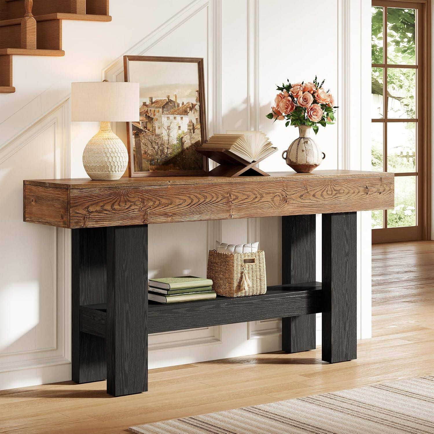 Alt View 1. Tribesigns - Solid Wood Console Table, 160 cm Extra Long Console Table, 2-Tier Narrow Farmhouse Living Room Table for Entrance Area, - brown.