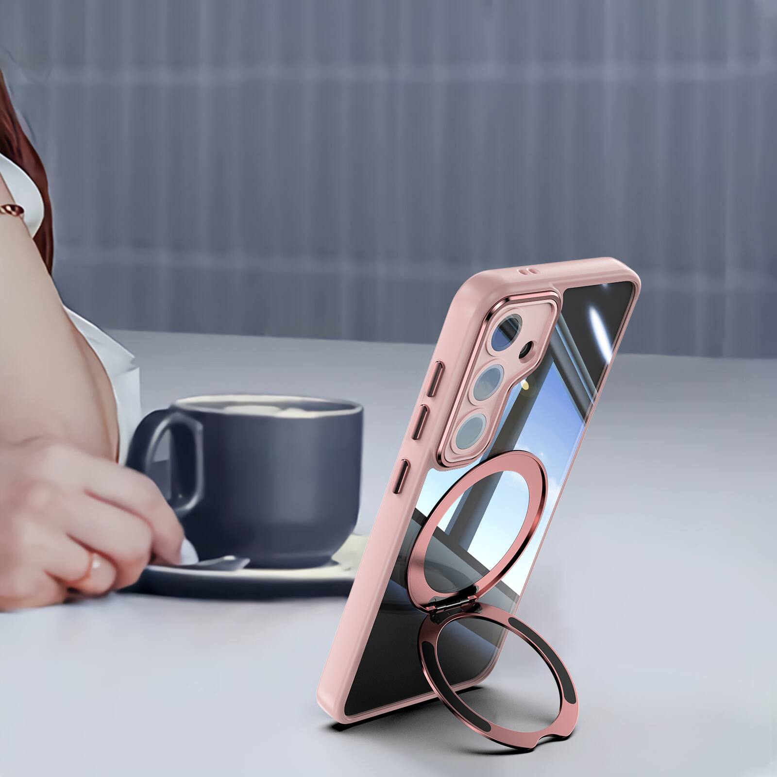 Alt View 5. Dteck - Magnetic Clear Case For Samsung Galaxy A17 5G, Shockproof Anti-Scratch 360° Ring Holder Stand PC+TPU Protection Cover - Pink.