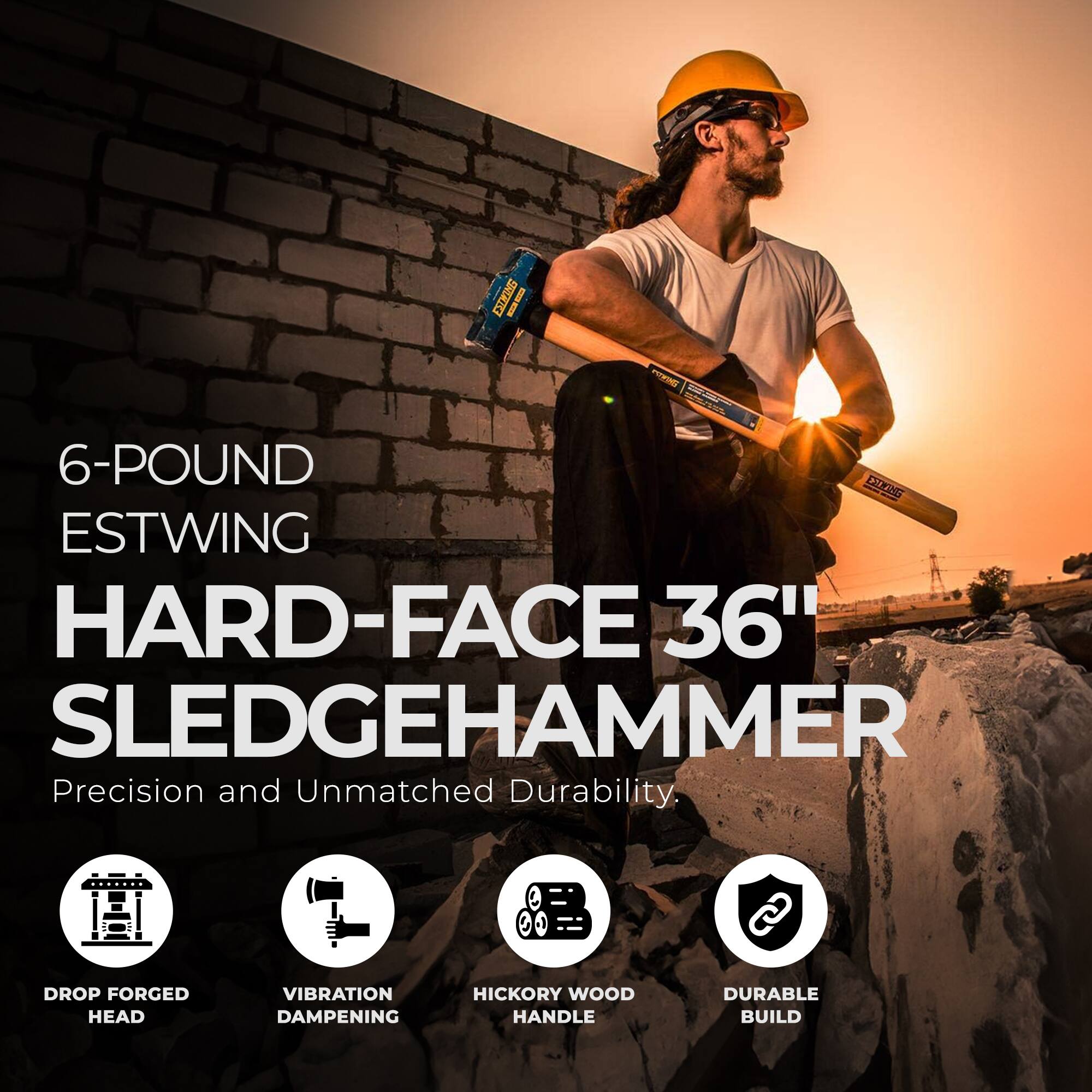 6-Pound Estwing Hard-Face 36" Sledgehammer

Precision and Unmatched Durability

- Drop Forged Head
- Vibration Dampening
- Hickory Wood Handle
- Durable Build