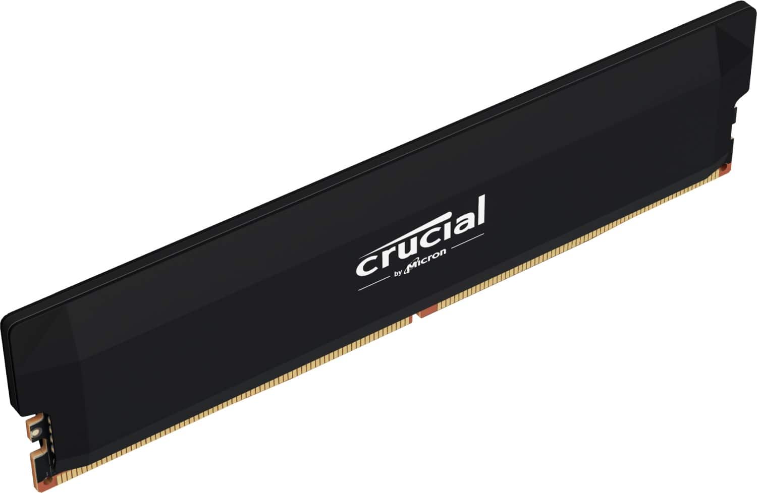 The image features a black Crucial memory card, which is a type of RAM (Random Access Memory) used in computers. The card is shown in a close-up view, highlighting its brand and the fact that it is a memory card. The text "Crucial by Micron" is visible on the card, indicating that it is a product of the company Crucial, which is a division of Micron Technology.