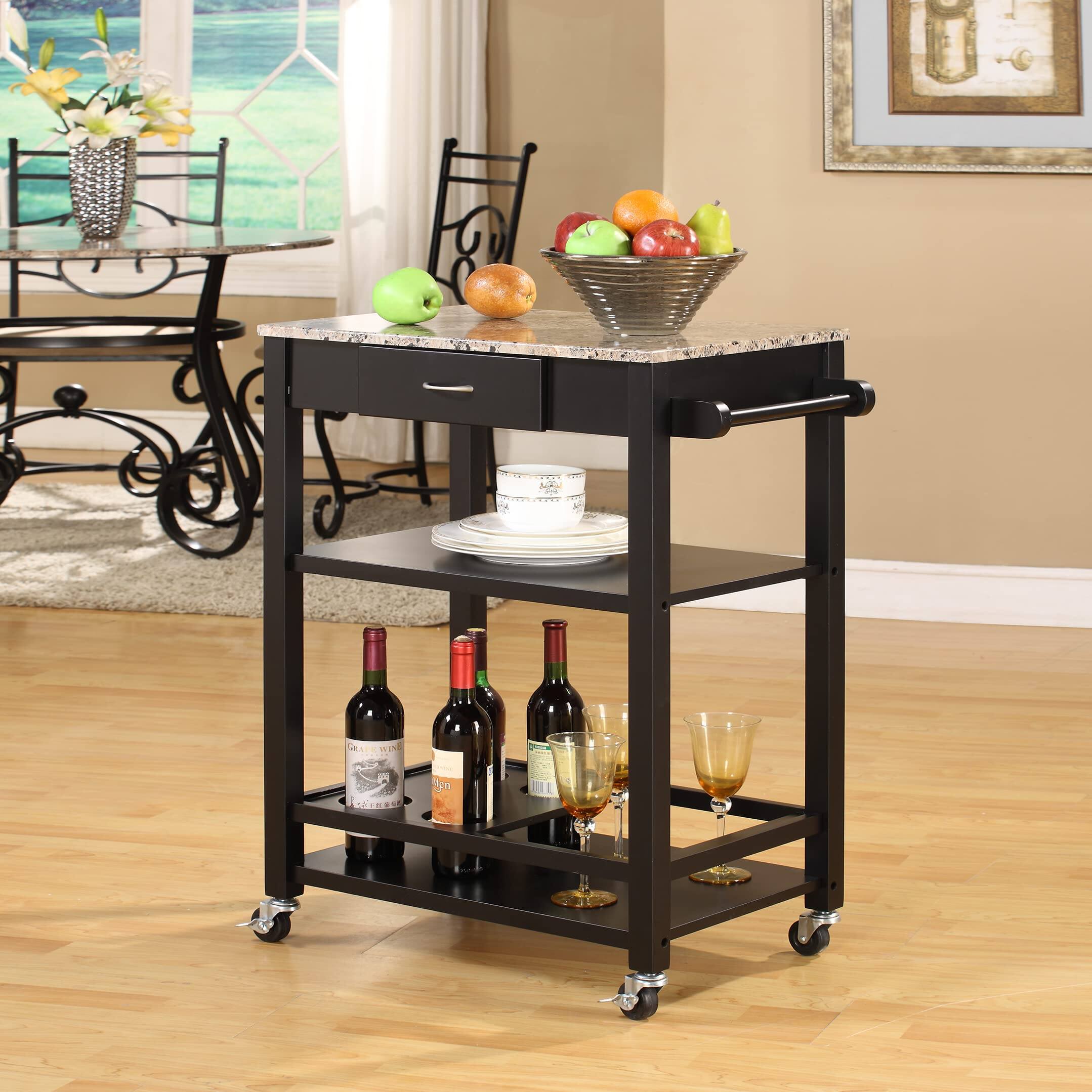 Kings Brand Furniture - Faux Marble with Wood Kitchen Buffet Serving Cart, Finish - Black