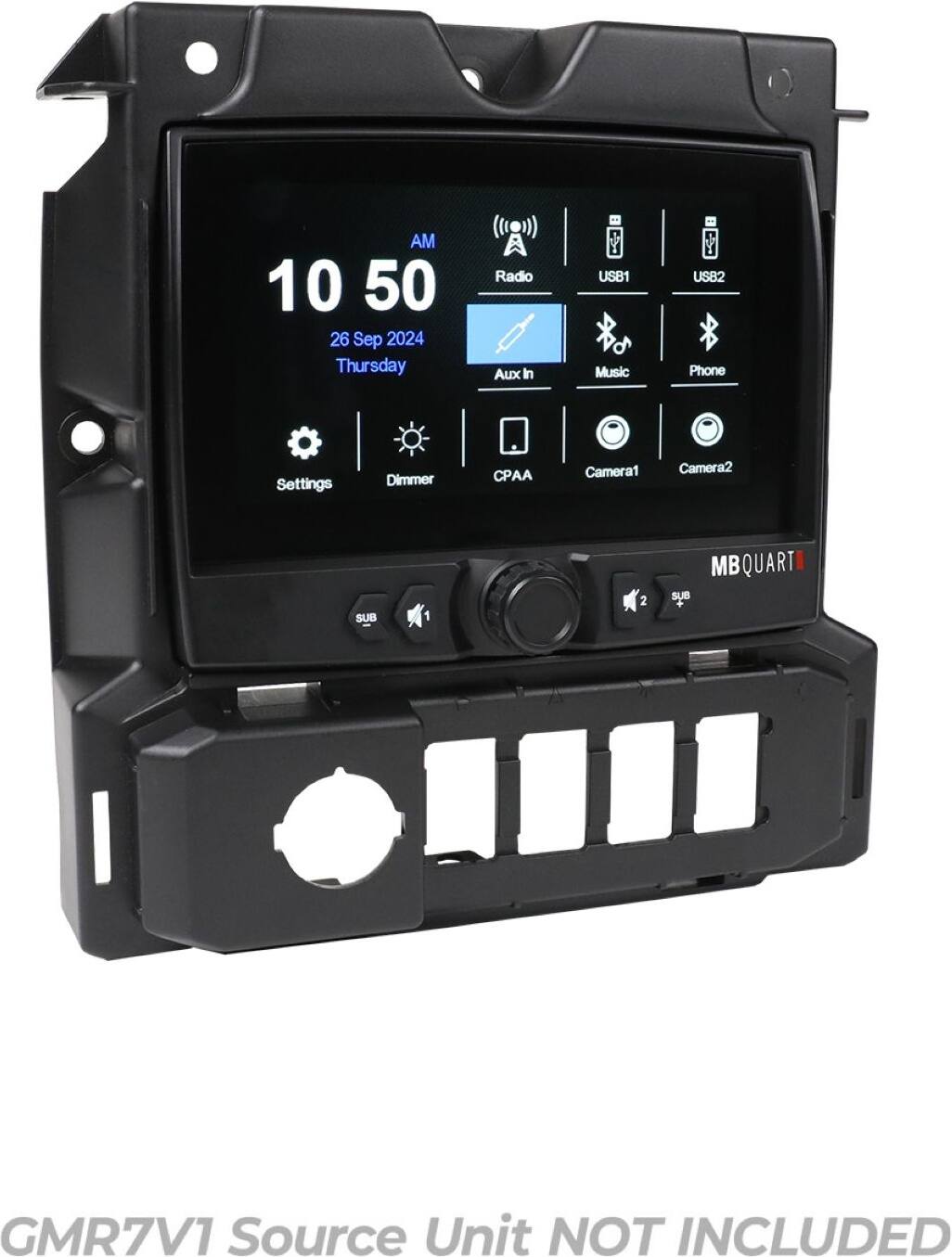 The text on the image reads:

"AM 10 50 26 Sep 2024 Thursday Radio Aux in USB1 Music USB2 Phone Settings Dimmer CPAA Camera1 Camera2 SUB 1 2 SUB MB QUART GMR7V1 Source Unit NOT INCLUDED."

This text appears to be a combination of a date, time, and various settings or options for a device, possibly a car stereo or multimedia system. The date and time are "26 Sep 2024 Thursday 10:50," and the settings or options include "Radio," "Aux in," "USB1," "USB2," "Phone," "Settings," "Dimmer," "CPAA," "Camera1," "Camera2," "SUB 1," "SUB 2," "MB," "QUART," and "GMR7V1." The last word, "Source Unit NOT INCLUDED," suggests that the source unit itself is not included in the package.