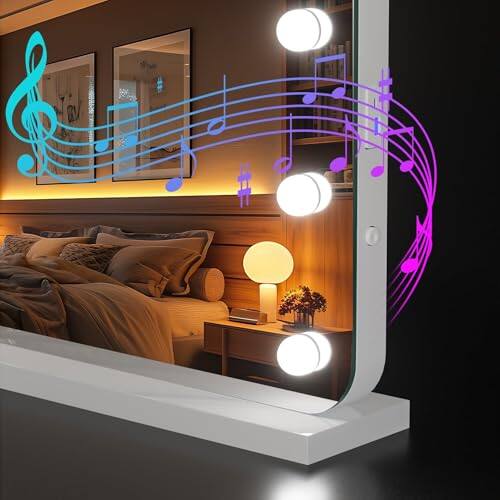 Pacoar Cade - Hollywood Vanity Mirror with Lights Lighted Makeup Color Lighting Modes & Charging Port Or - Round White Bluetooth-48"L x 36"W