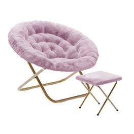 Emma + Oliver - Ersa Oversize Folding Saucer Moon Chair and Ottoman for Dorm and Bedroom with Steel Frames - Dusty Purple Fabric/Soft Gold Frame