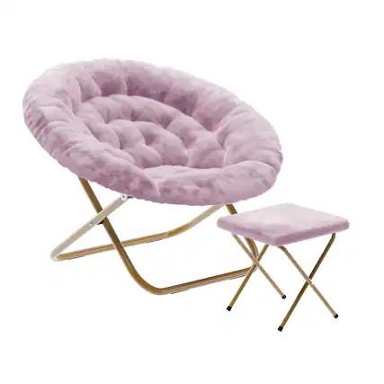 Front. Emma + Oliver - Ersa Oversize Folding Saucer Moon Chair and Ottoman for Dorm and Bedroom with Steel Frames - Dusty Purple Fabric/Soft Gold Frame.