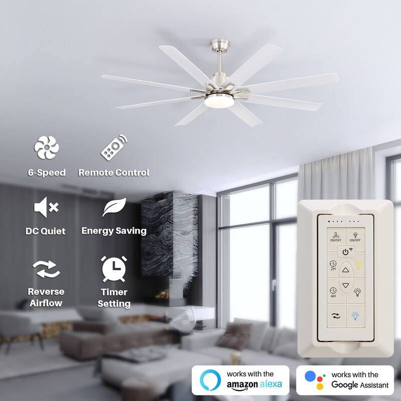 6-Speed  
Remote Control  
DC Quiet  
Energy Saving  
Reverse Airflow  
Timer Setting  

works with the amazon alexa  
works with the Google Assistant