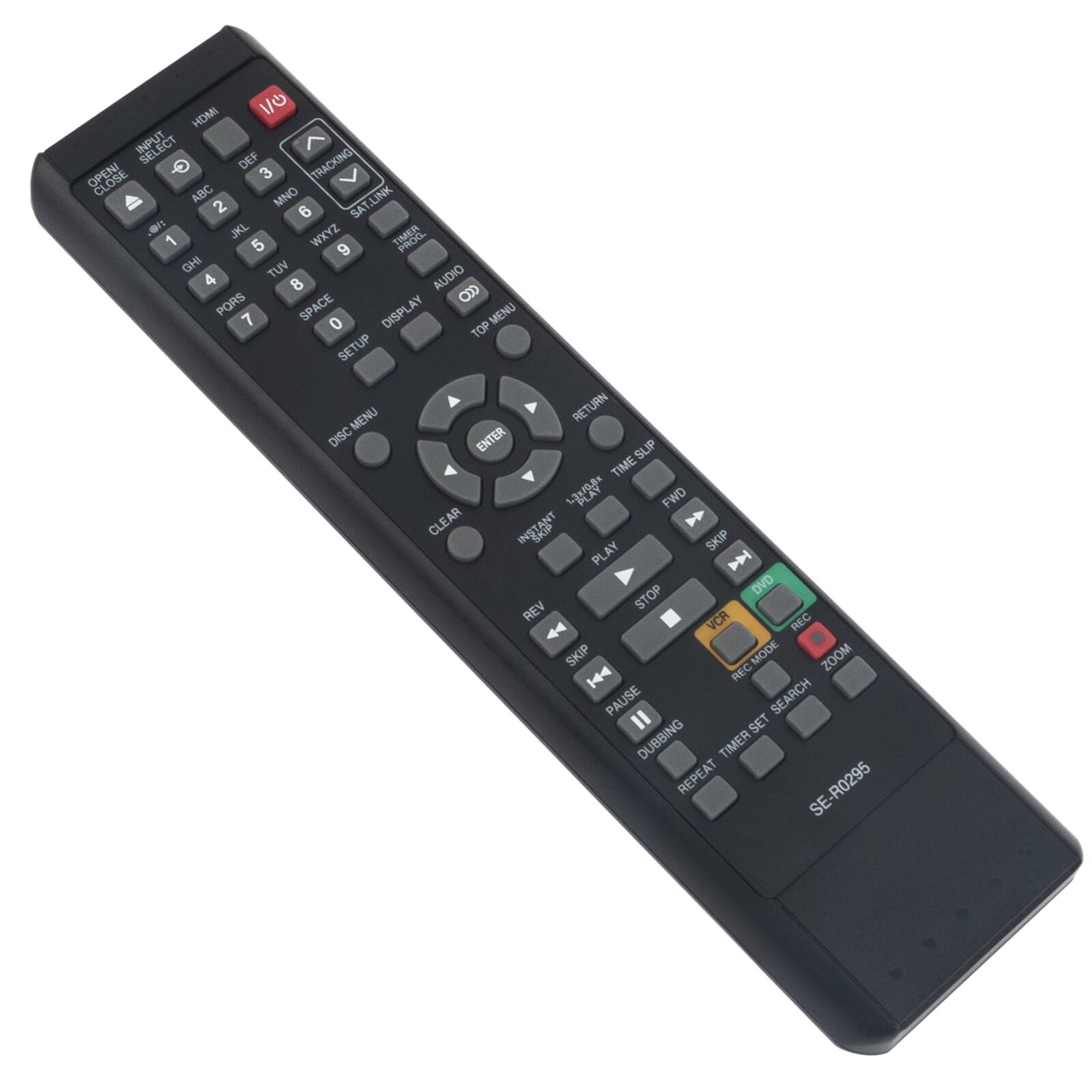 HDMI V/O INPUT ELECT A DEF TRACKING 3 V ABC MNO LINK 2 6 SAT - JKL WX YZ 1 5 PROG. 9 IHD TUV 4 8 AUDIO PQRS YA. OD 7 SPACE DISPL MENU 0 TOP SETUP MENU RETURN DISC ENTER SUP TIME FWD CLEAR ANT INST SKIP PLAY D DVD REV STOP 44 VCR REC SKIP MODE ZOOM |44 REC PAUSE SEARCH I SET DUBBING TIMER REPEAT SE-R0295 SE