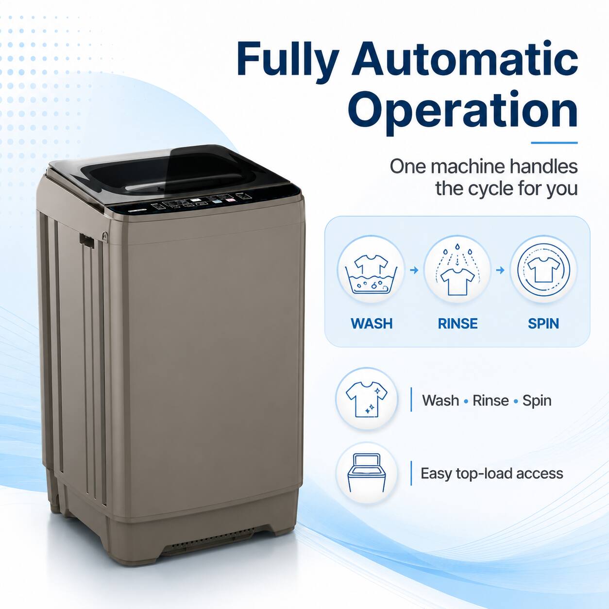 Fully Automatic Operation  
One machine handles the cycle for you  

WASH RINSE SPIN  
Wash • Rinse • Spin  

Easy top-load access
